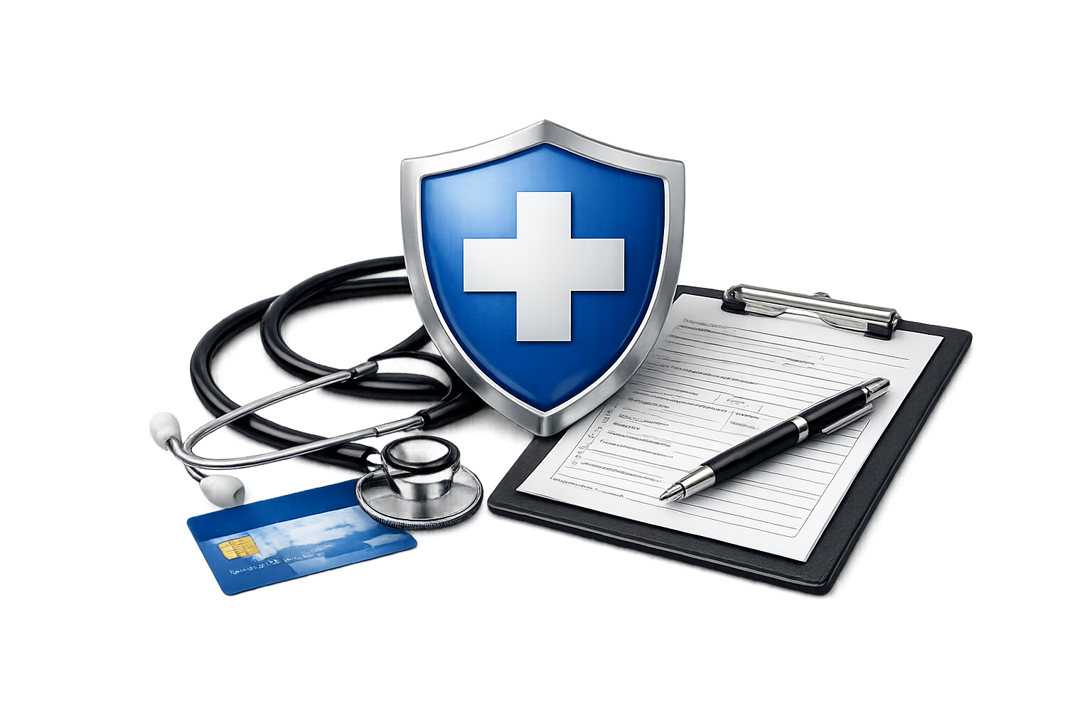 Health insurance coverage represented by a medical shield, stethoscope, and policy documents.