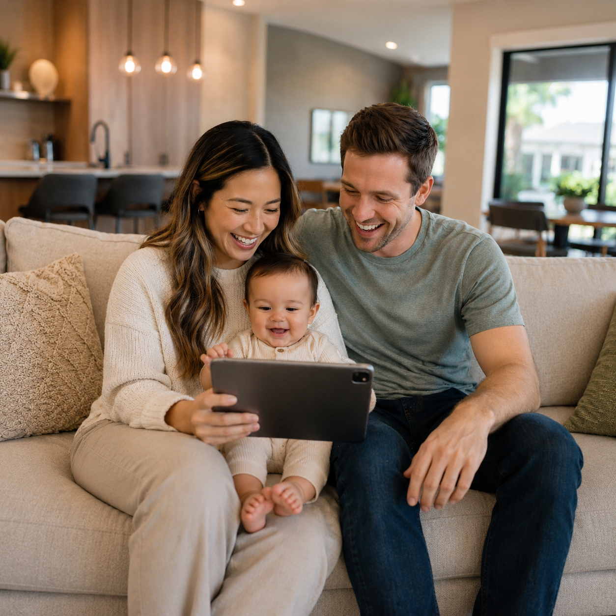 Family using a tablet at home representing health insurance quote guidance from Sawyer Health Solutions for individuals and families in Cape Coral, Fort Myers, Naples, Lee County, and Southwest Florida.