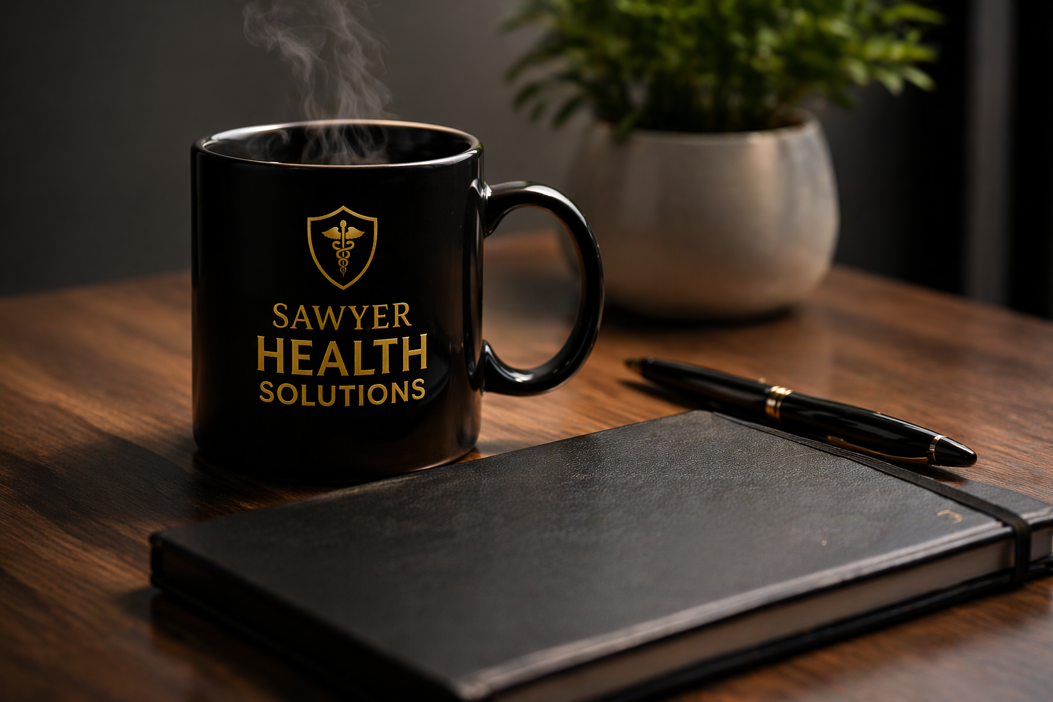 Sawyer Health Solutions coffee mug on a desk with a notebook and pen