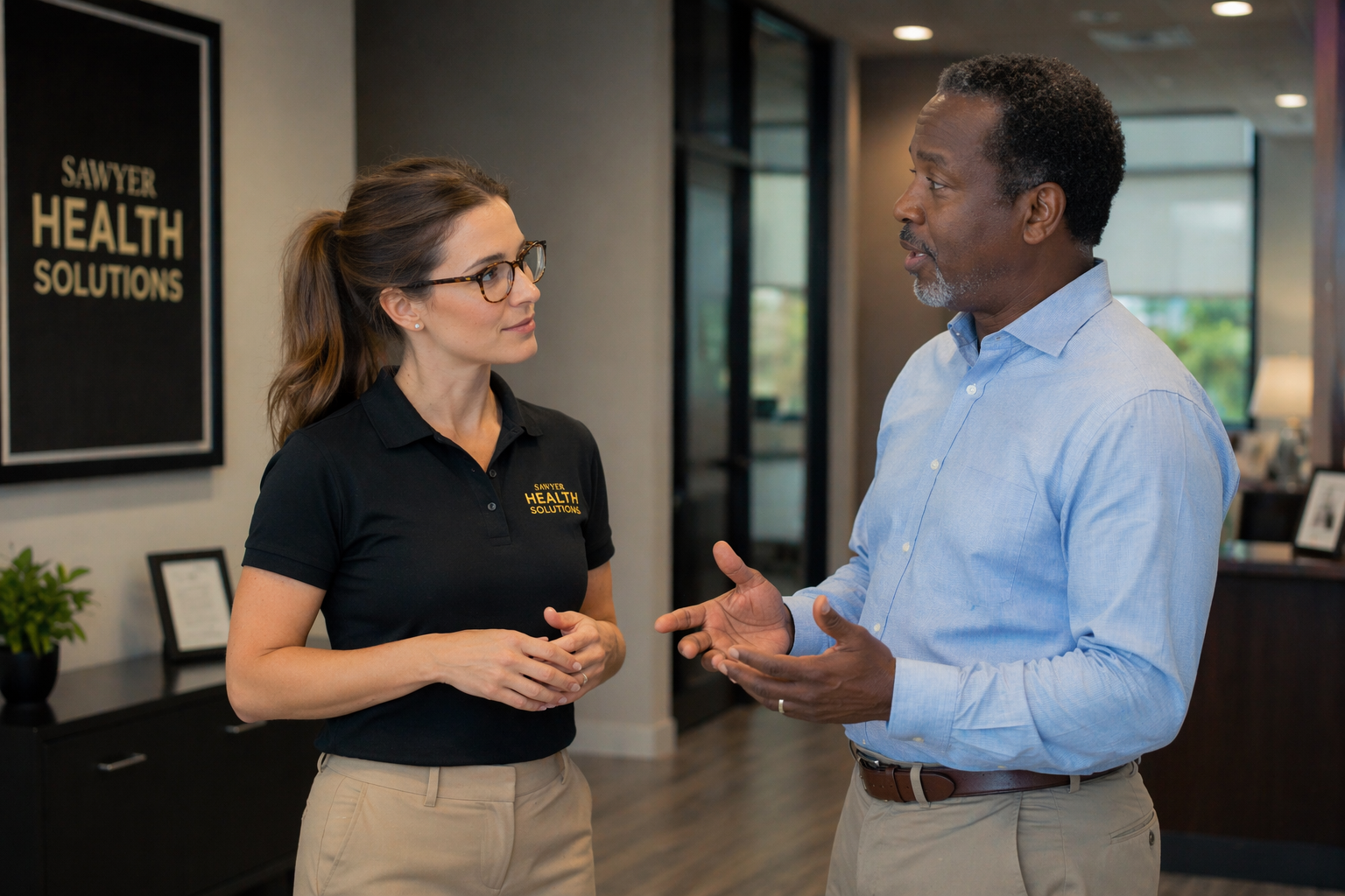 Insurance agent speaking with a client during a quote consultation at Sawyer Health Solutions in Florida