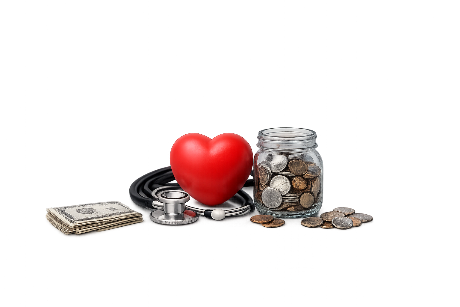 Critical illness insurance represented by a heart, stethoscope, cash, and savings for financial protection during a serious illness.