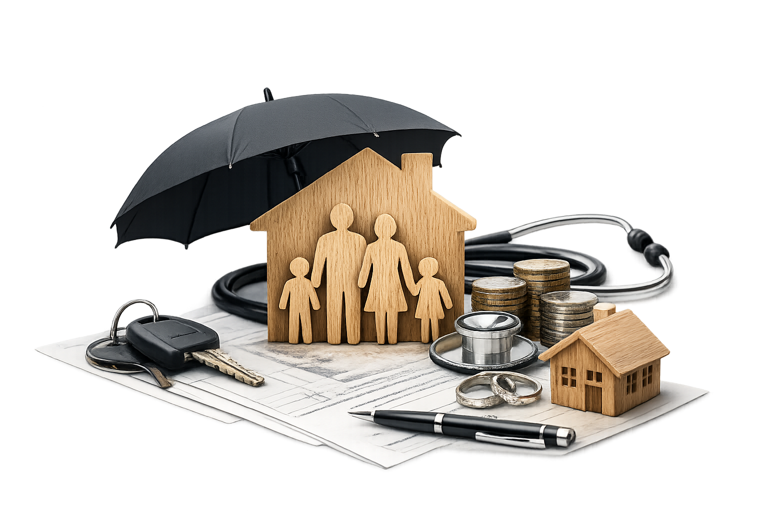 Life insurance and family financial protection represented by a family, home, umbrella, and financial security symbols.