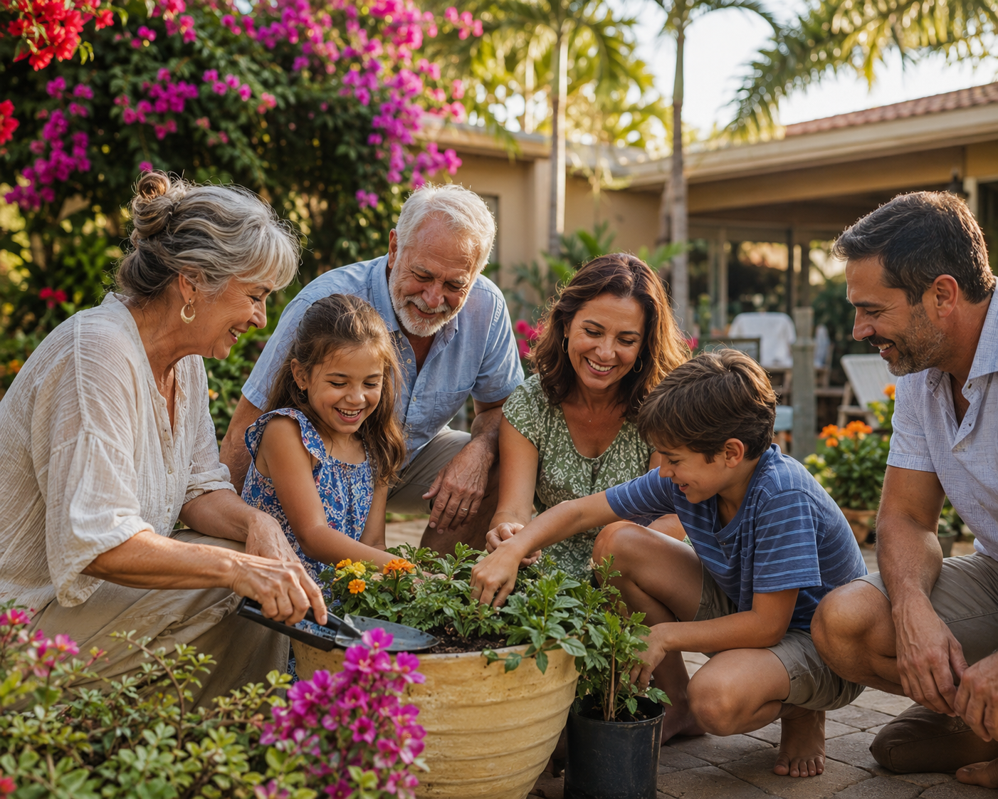 Grandparents, parents, and children gardening together at their Southwest Florida home.