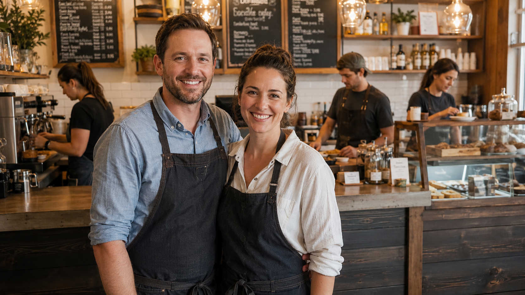 Coffee shop owners standing with employees representing small business health insurance guidance from Sawyer Health Solutions for business owners in Cape Coral, Fort Myers, Naples, Lee County, and Southwest Florida.