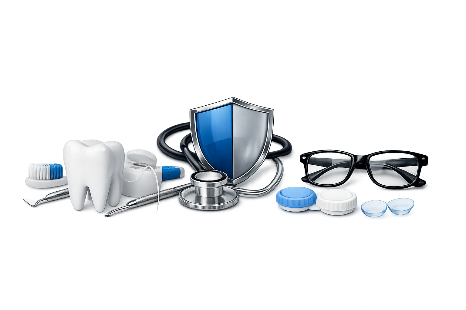 Dental and vision insurance coverage represented by a tooth, eyeglasses, contact lenses, stethoscope, and protective shield.