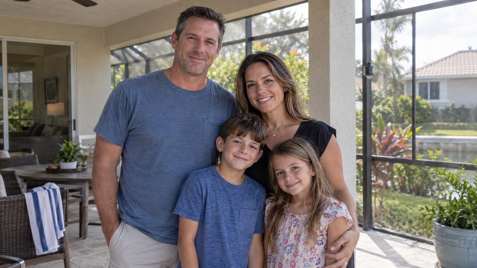 Family of four standing together on their screened lanai in Southwest Florida.