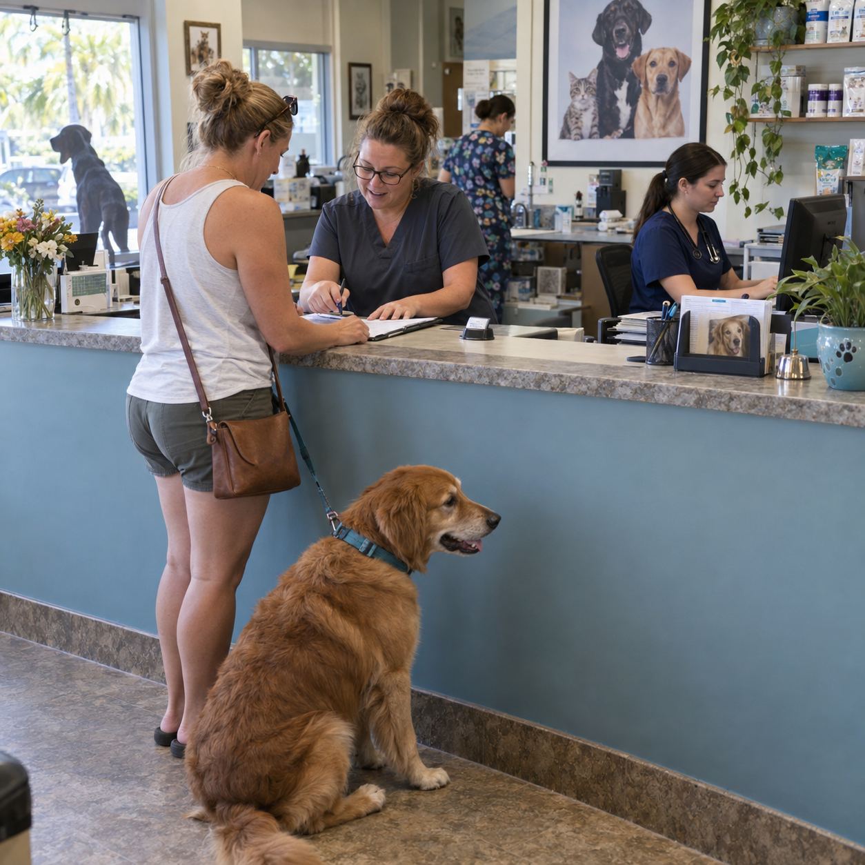 Veterinary office staff assist a client at the reception desk while her golden retriever waits beside her.