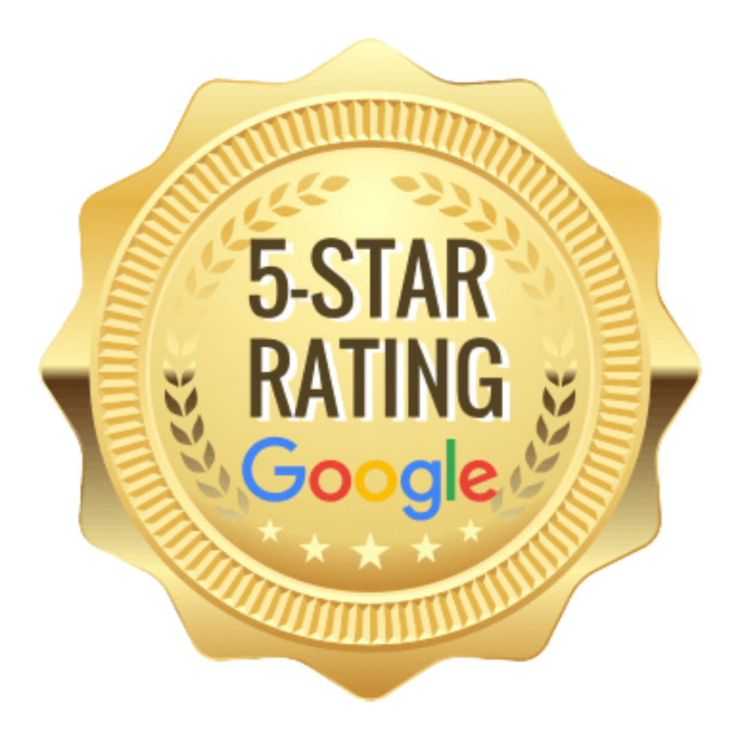 Gold badge with five-star rating and Google logo