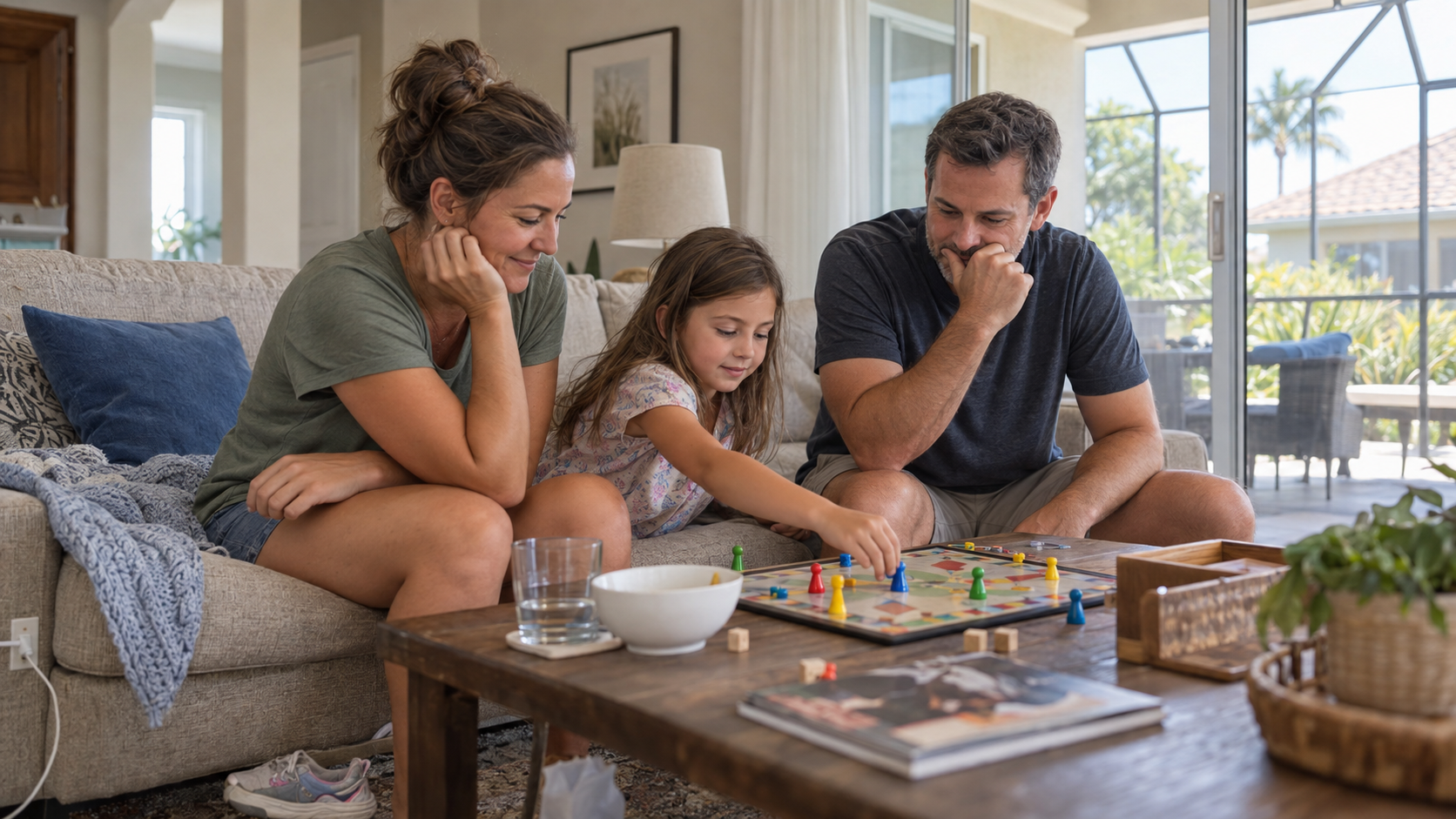 A family of three playing a board game together on a sofa in a living room with large windows and tropical scenery outside.