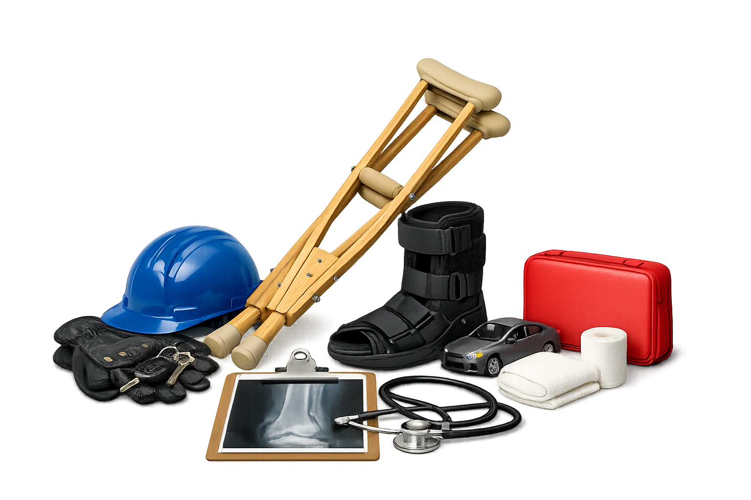 Accident insurance coverage represented by crutches, a medical boot, first aid supplies, safety gear, and an X-ray.