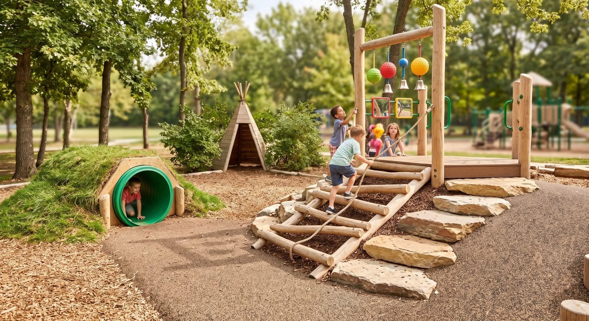 Outdoor playground with climbing paths, tunnels, sensory features, and hidden play areas designed to encourage children's exploration and discovery.