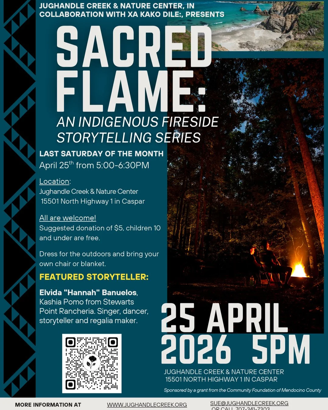 Join us around the campfire next week, Saturday April 25 at 5PM, as we listen to Elvida "Hannah" Banuelos, Kashia Pomo from Stewarts Point Rancheria. Singer, dancer, storyteller, and regalia maker.

We&rsquo;re honored to offer this indigen