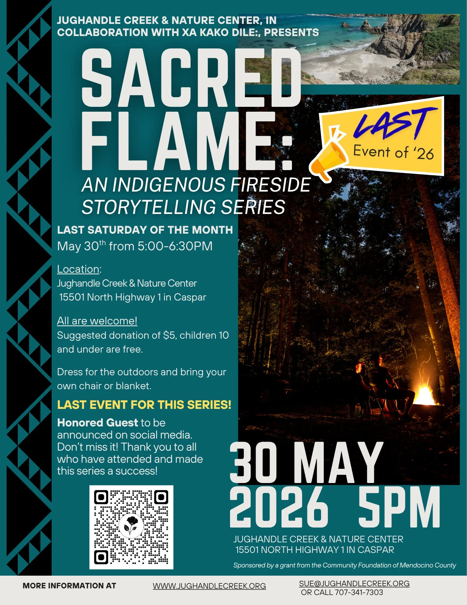 Join us around the campfire next week, Saturday May 30 at 5PM, for our last speaker in our Fireside Storytelling Series.

We&rsquo;re honored to offer this program in collaboration with our neighbors at xakakodile (www.xakakodile.org) thanks to a gra