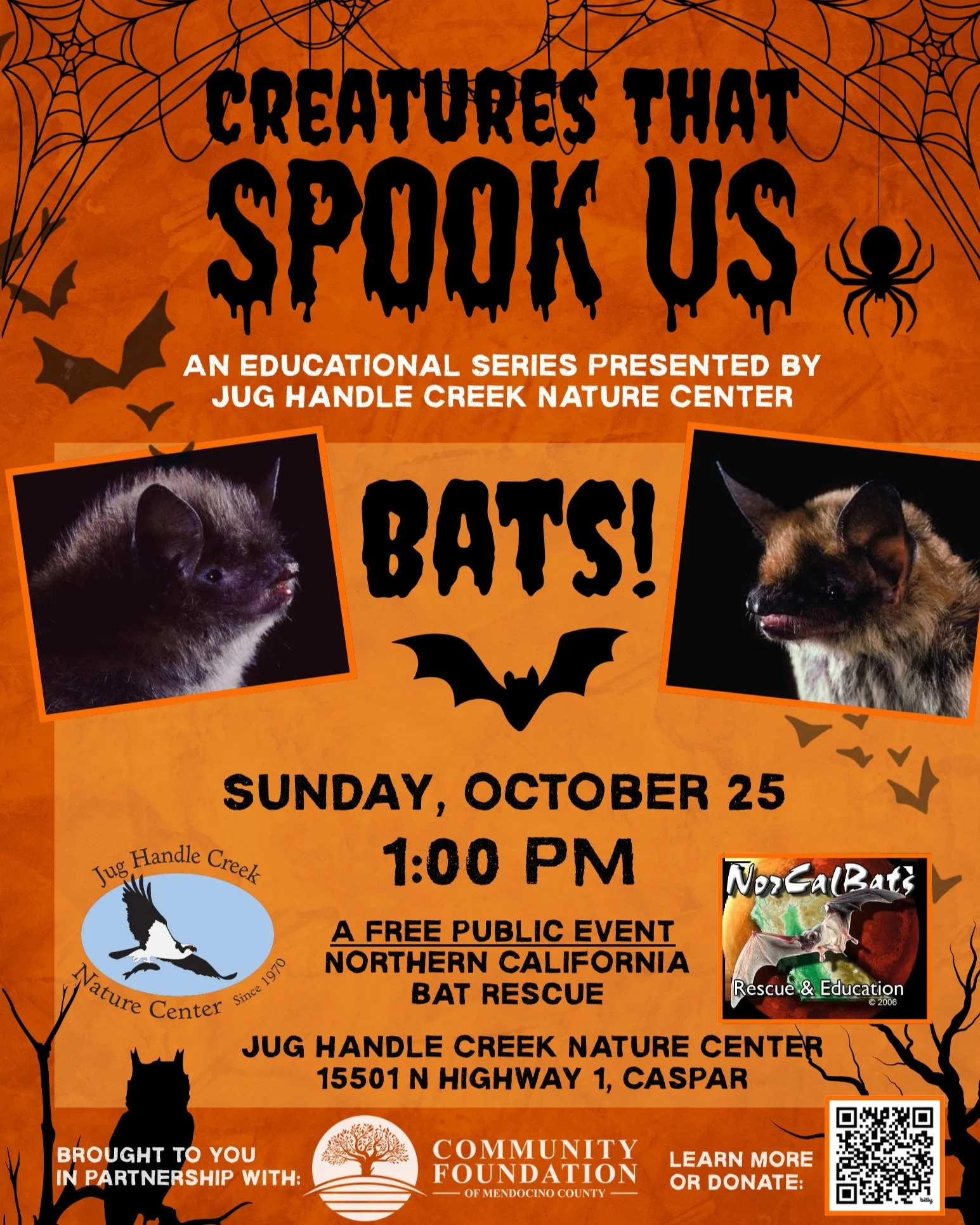 Creatures That Spook Us: Bats! 🦇

Think bats are spooky? Come discover why these fascinating creatures are actually some of nature&rsquo;s most helpful neighbors! Join us for a fun and family-friendly presentation about bats, live in person, and the