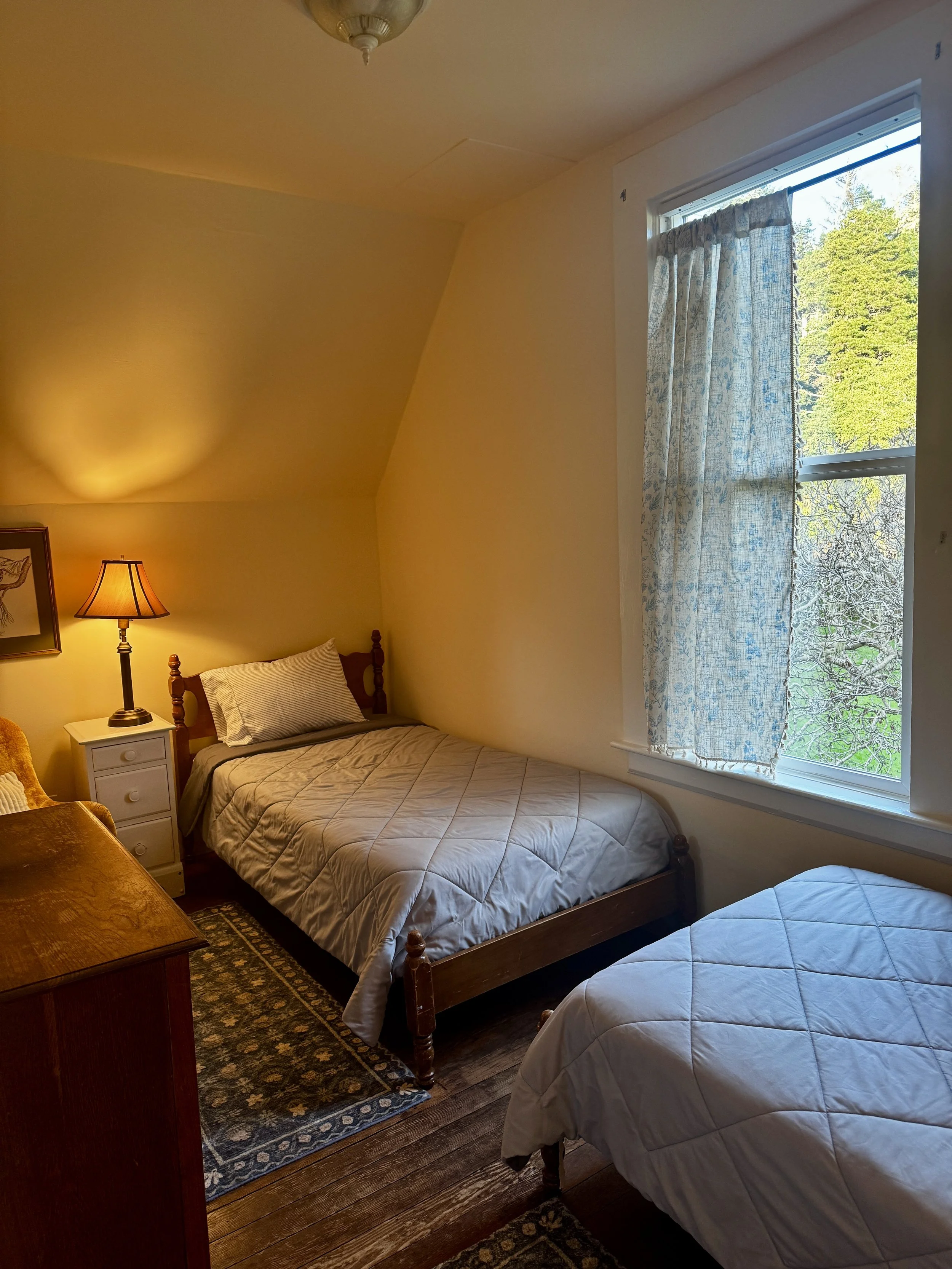 The Primrose Room features two twin beds and overlooks our orchard meadow.