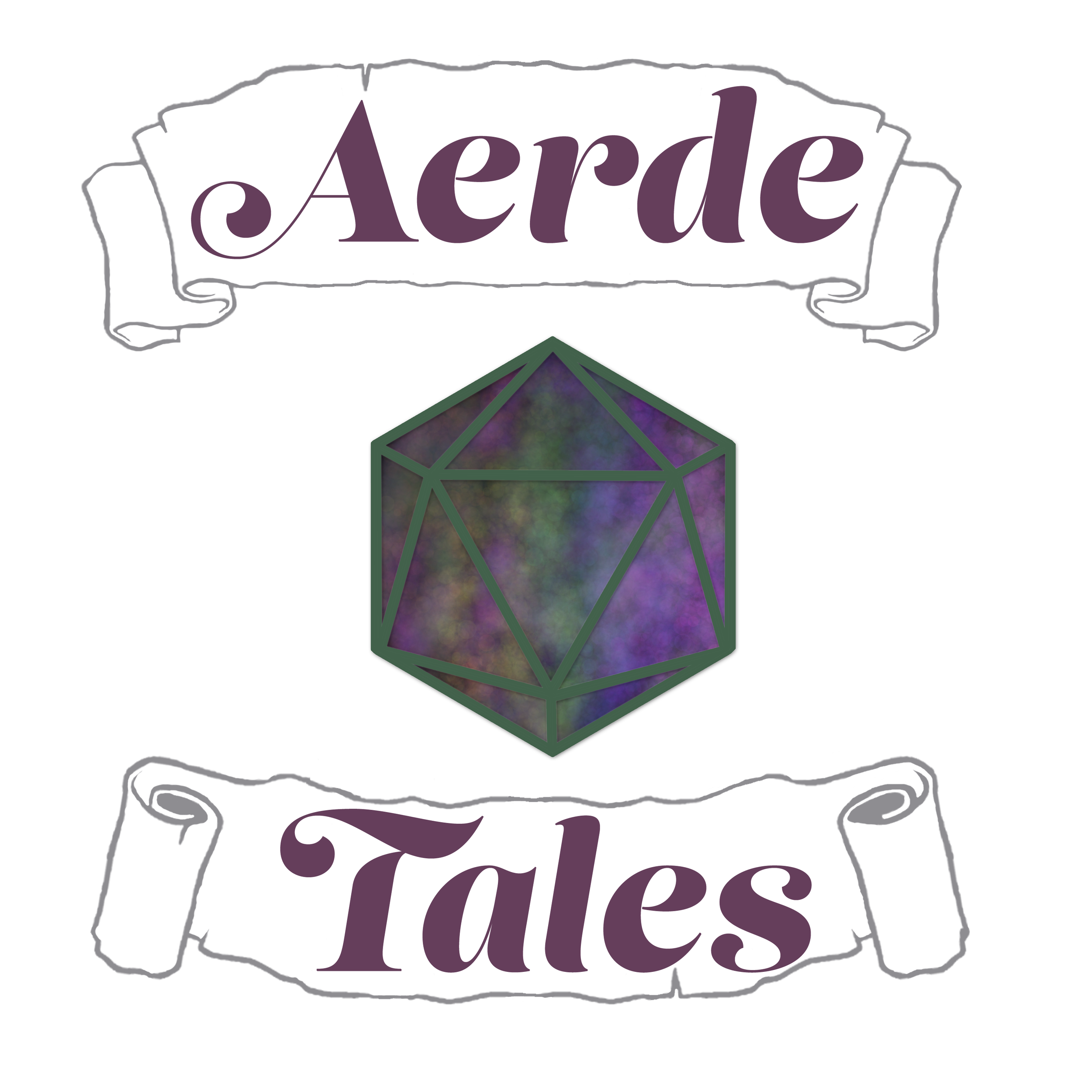 Aerde Tales Logo which is a scroll at the top with Aerde on it and scroll at the bottom with Tales on it. Then in the middle there is a 20 sided die with multiple colors inside of it.
