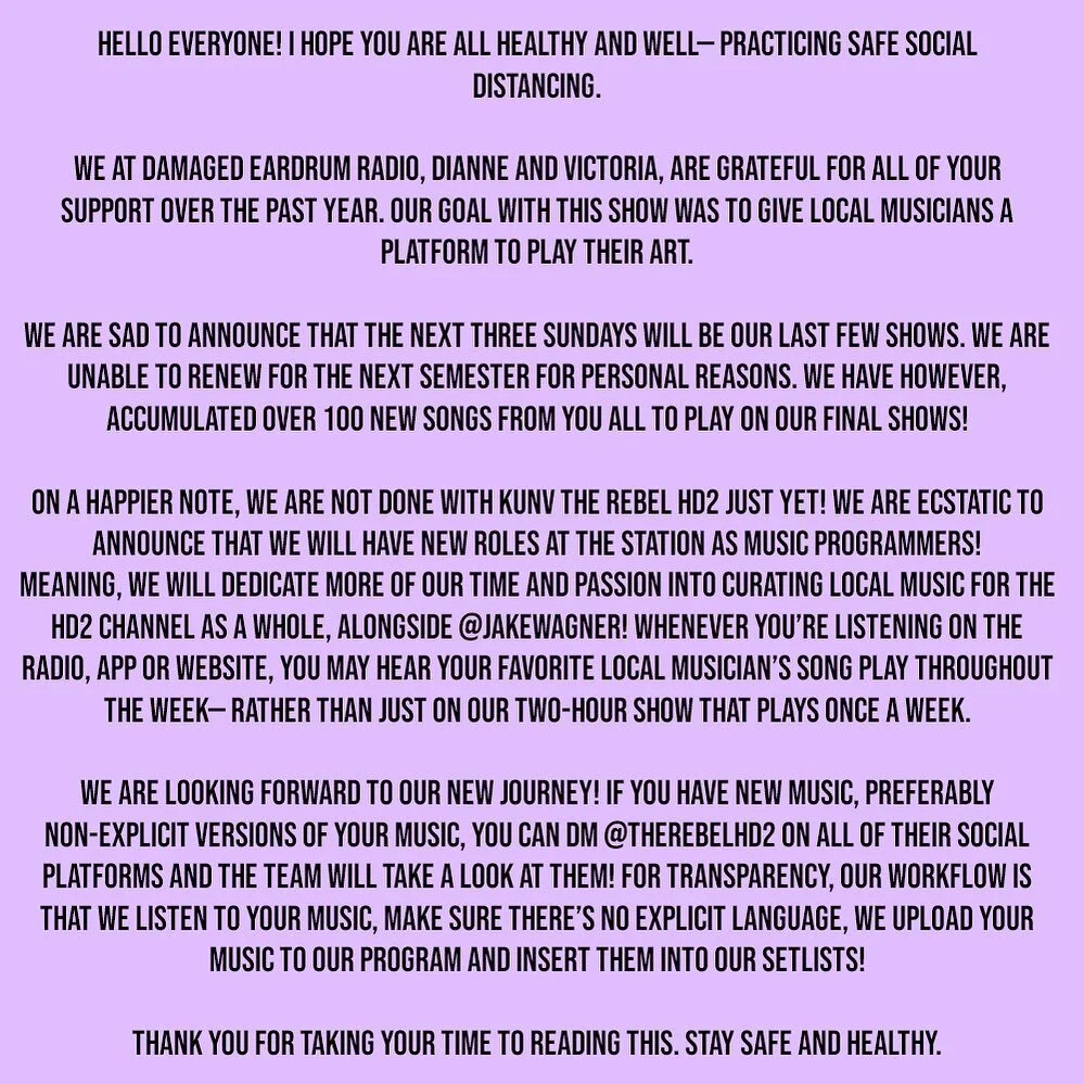 TOMORROW, catch Victoria&rsquo;s final solo show with Damaged Eardrum Radio. On the 26th will be Dianne&rsquo;s final solo show. Our final show as a duo will be on August 2. Listen at 91.5 The Rebel HD2 radio, app or website!
💜
Hello everyone! I hop