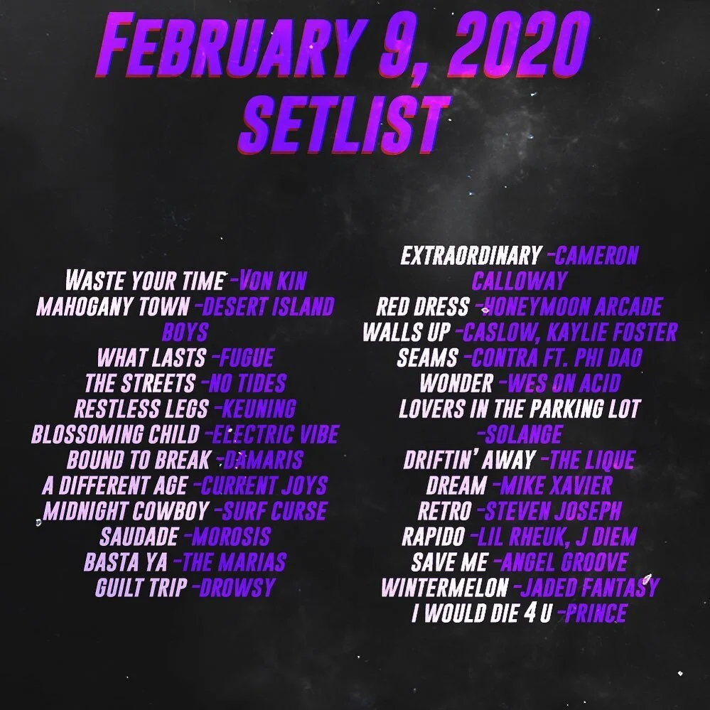 Feb. 9, 2020 setlist! 💜 No cover photo this week because I&rsquo;m quite busy, 😭 but Victoria played some cool music last Sunday! Stay tuned for new music soon. 😎 -Dianne
♪
♪
♪
#unlv #kunv #therebelhd2 #lasvegas