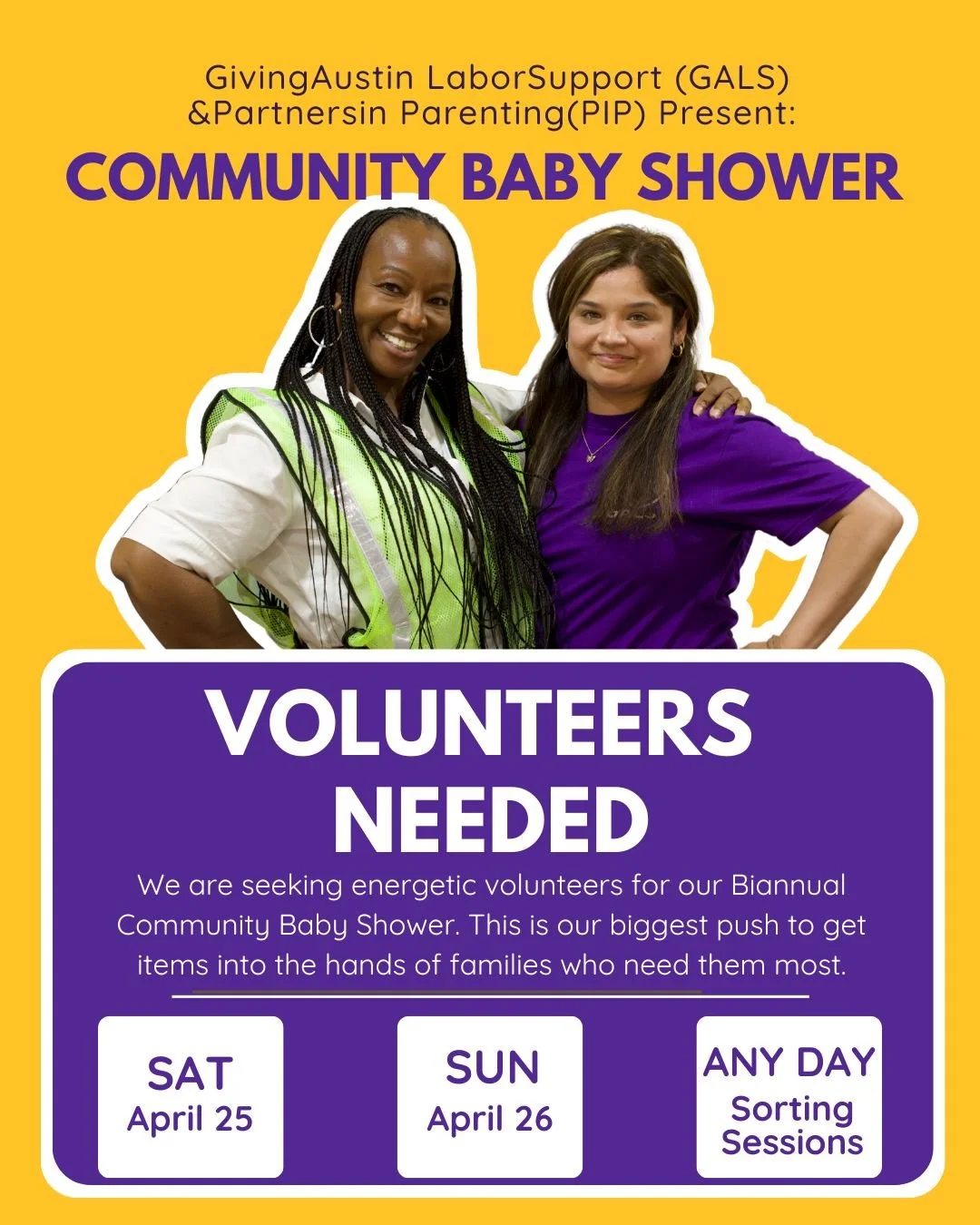 We are seeking energetic volunteers for our Biannual Community Baby Shower. This is our biggest push to get items into the hands of families who need them most.
-Setup Day: Saturday, April 25th
-Event Day: Sunday, April 26th
-Sorting Sessions: "