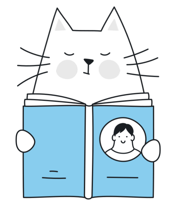 Illustration of a cat reading a book.
