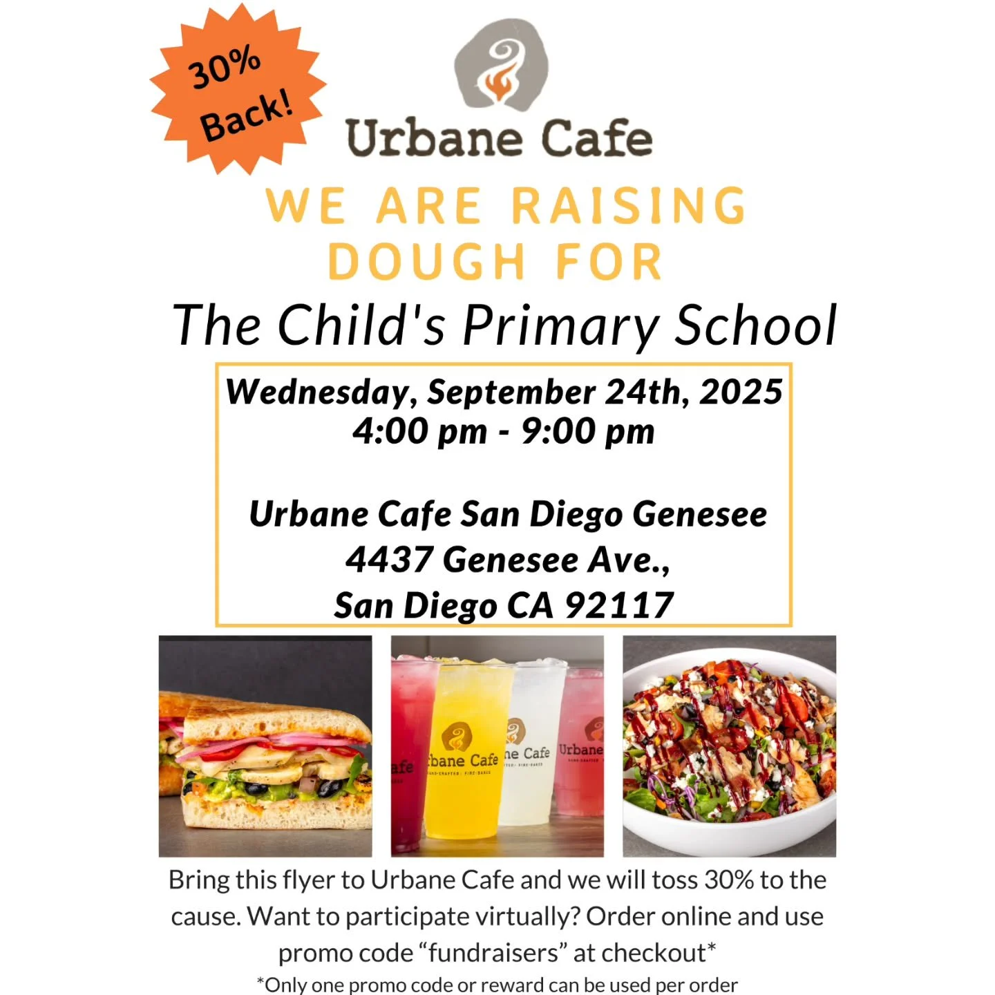 Grab your friends and join us&nbsp;TOMORROW, 9/24&nbsp;from 4-9pm for our @urbanecafe fundraiser! 

Order from their delicious menu and 30% of sales will be donated back to TCPS (so tell everyone you know!). Order online at&nbsp;urbanecafe.com&nbsp;a