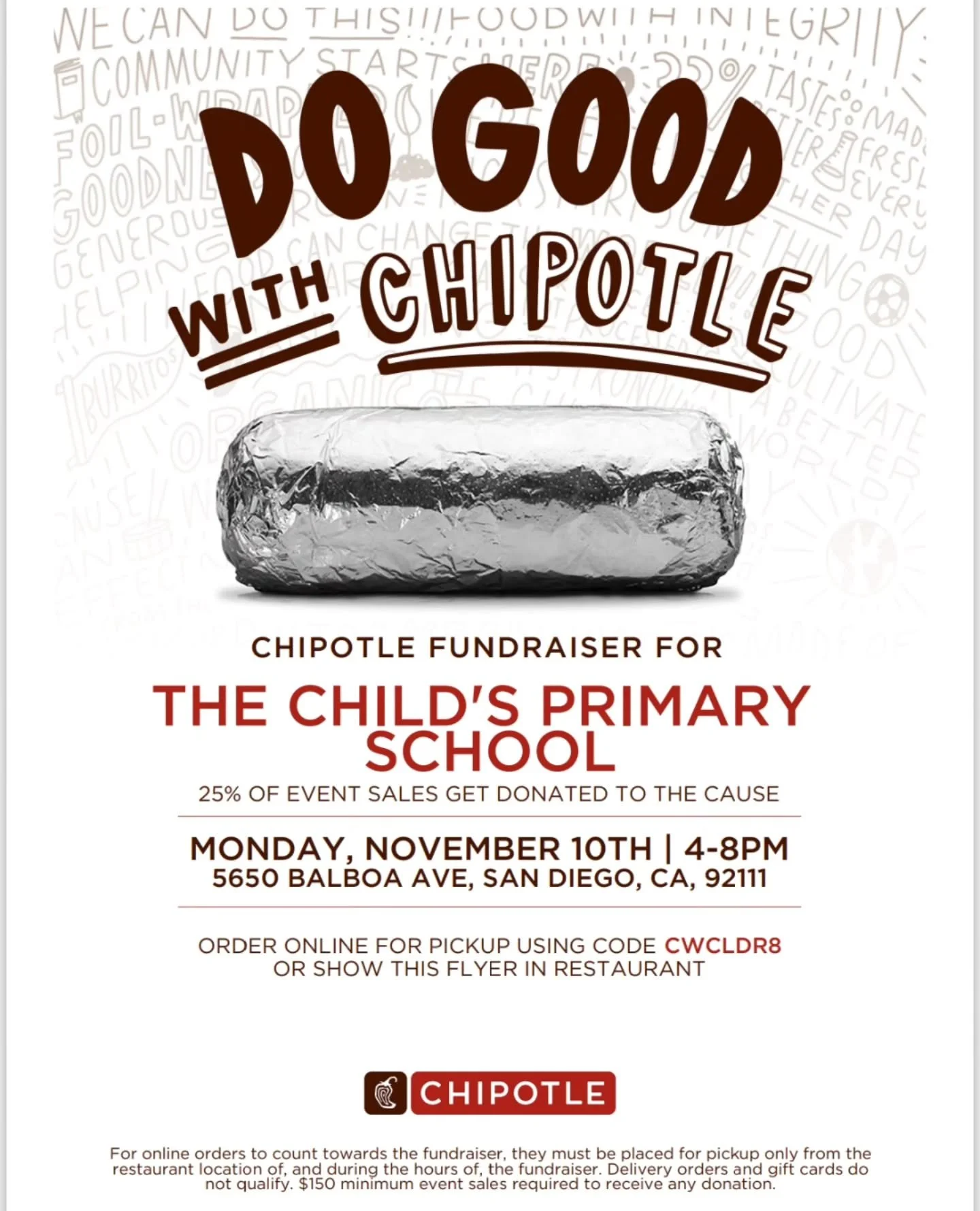 🌯 Dinner plans = done!
Join us TONIGHT (11/10) from 4&ndash;8 PM at @chipotle for our TCPS fundraiser! Grab dinner before or after Family Night and support our school&mdash;25% of sales go back to TCPS! 
📍 Genessee location
💻 Order online with cod