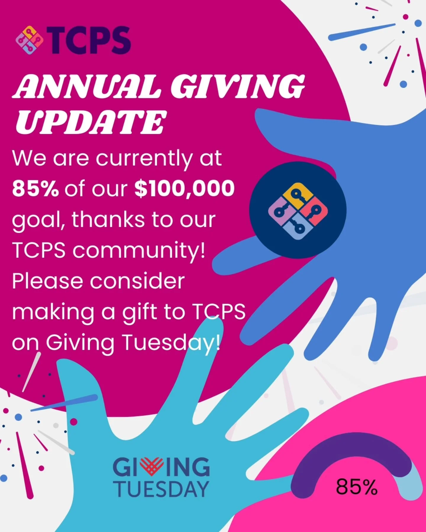 Tomorrow is Giving Tuesday!

Celebrate 40+ years of inspiring young minds at TCPS! Your support fuels our mission to nurture and empower the leaders of tomorrow. This Giving Tuesday, consider making a gift to help provide meaningful learning experien