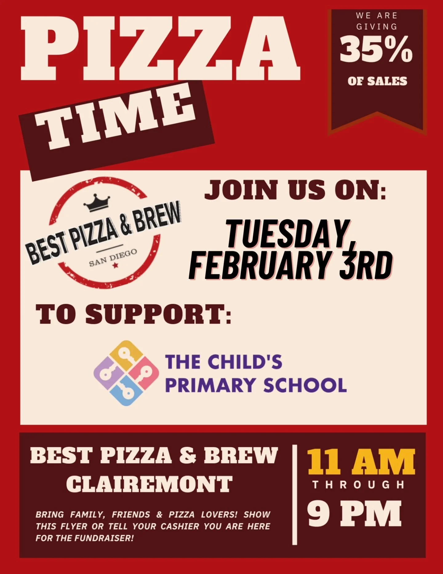 Join us for our Best Pizza and Brew Fundraiser TODAY! Mention TCPS when ordering or show the above flyer and 35% of food and beverage sales will be donated back to the school! Valid for dine-in and to-go orders only from 11am &ndash; 9pm. Only valid 