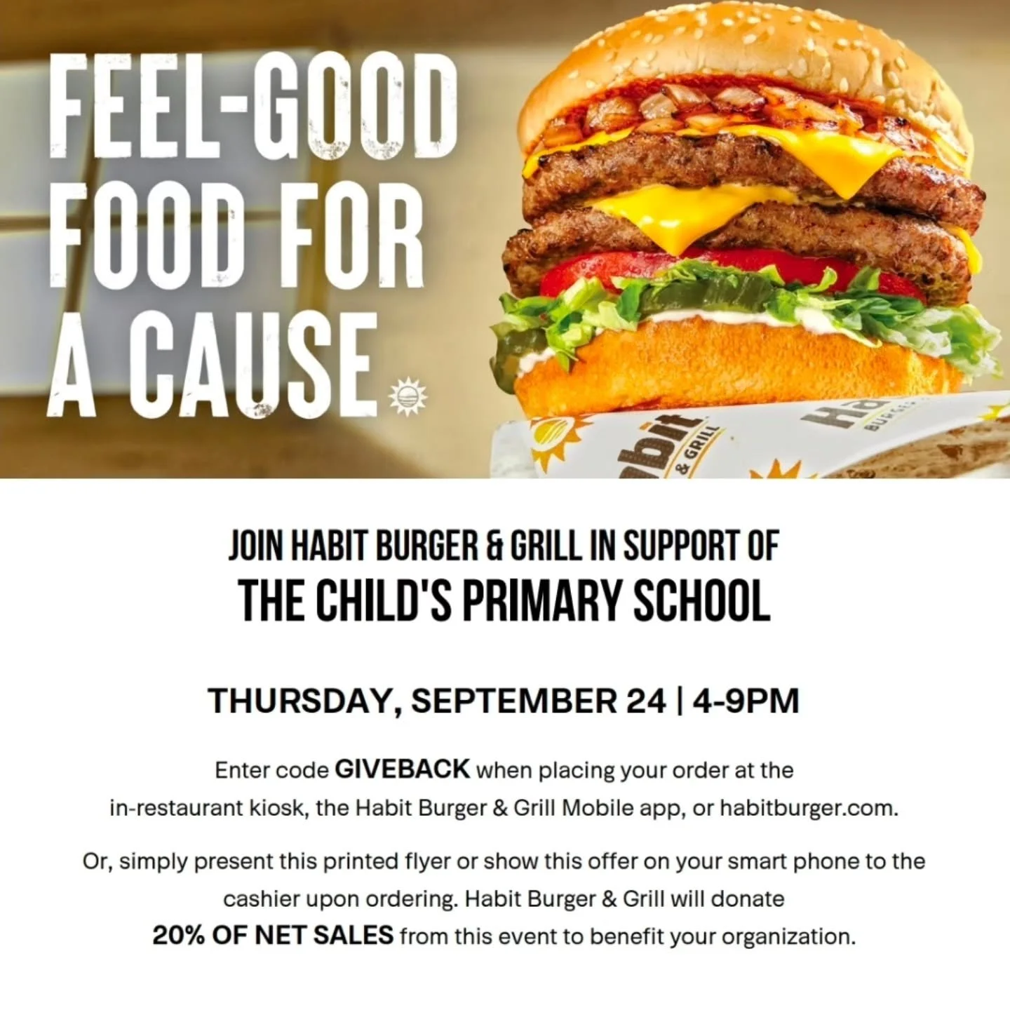 TODAY is our Fundraiser with Habit Burger &amp; Grill at 4175 Genesee Ave. from 4:00pm - 9:00pm!&nbsp;🍔🍟&nbsp;

Come enjoy delicious food while supporting The Child's Primary School. 

@habitburgerandgrill is generously donating 20% of sales back t