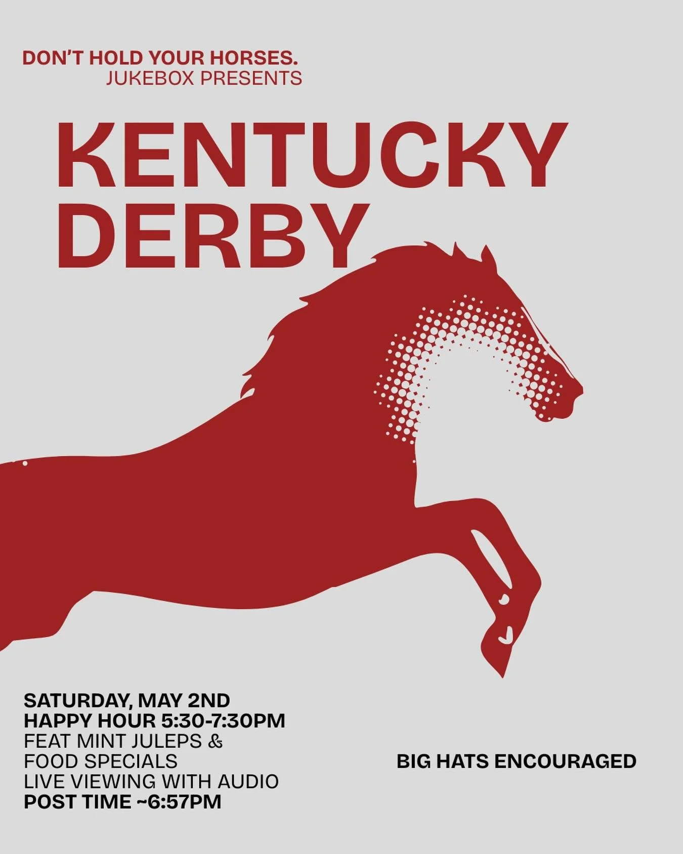 KENTUCKY DERBY HAPPY HOUR 🏇 SAT 5/2 5:30-7:30PM. We&rsquo;ve dedicated 2 hours to the fastest 2 minutes in sports 😵&zwj;💫 Happy Hour includes drink &amp; food specials (Mint Juleps, of course) and the race run-up. Sound for race. Bring your green 