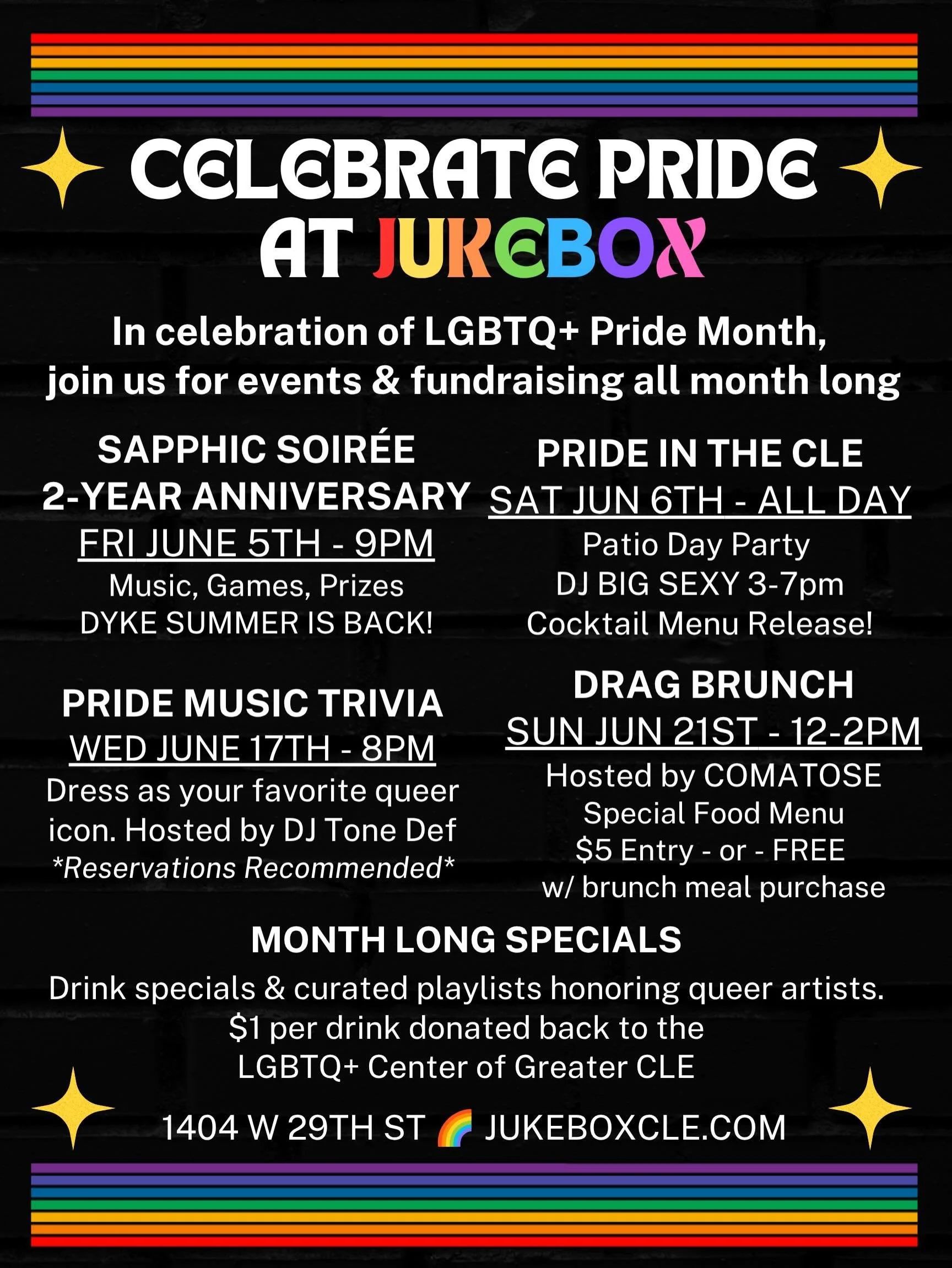 PRIDE EVENTS 🌈 We are so excited for our month of PRIDE events! Our cocktail menu will be loaded with fun drinks with $1 from each being donated back to @lgbtcleveland ALL MONTH LONG. Plus - the 2-year Anniversary of @sapphic.soiree !

SCHEDULE:

-F