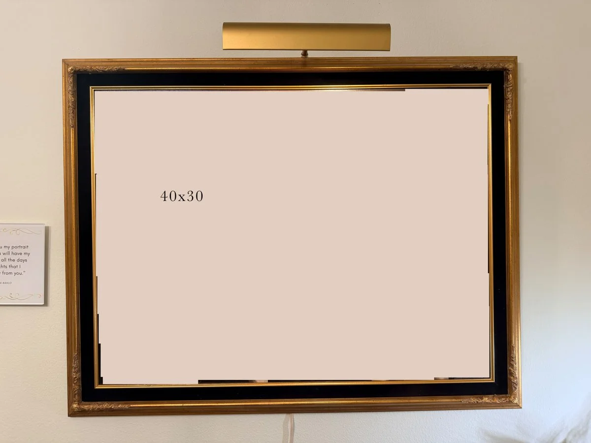 3.5” 30x40 Gold Frame w/flower detail on corners and black velvet liner