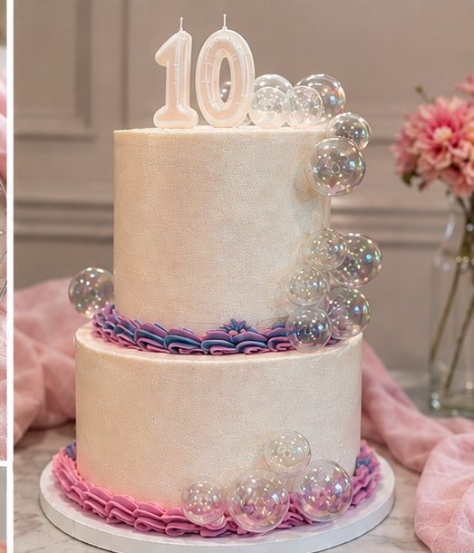 Elegantwhite two-tier cake with pearl beading for a 10th celebration