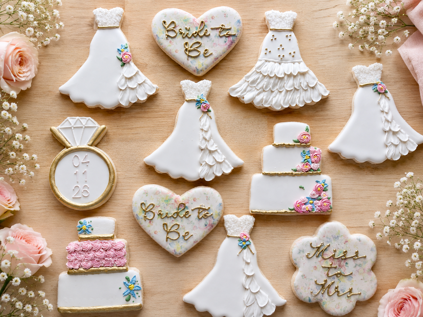 Bridal shower cookie set with wedding dresses and Bride to Be hearts