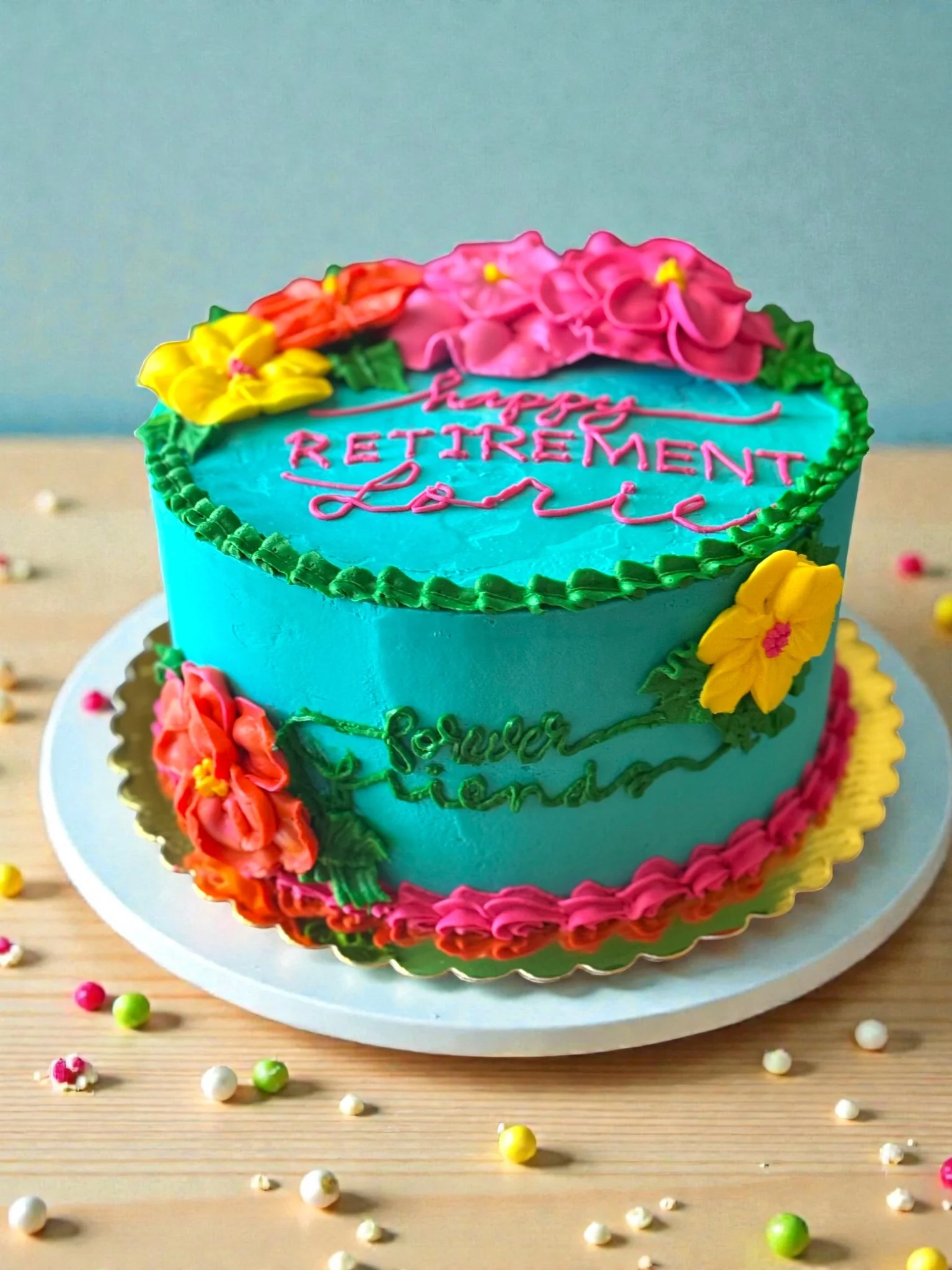 Tropical flower retirement cake with custom pink and orange buttercream blooms