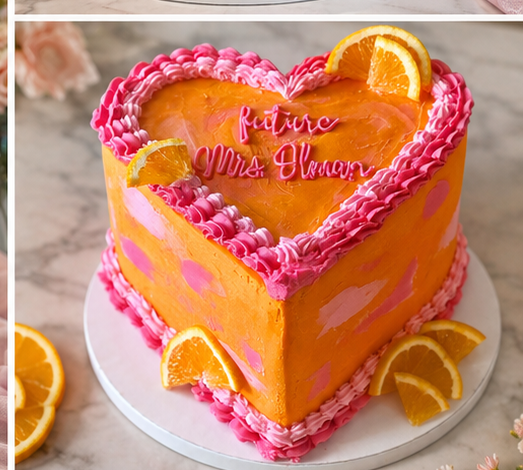Orange heart-shaped cake decorated with fresh citrus slices