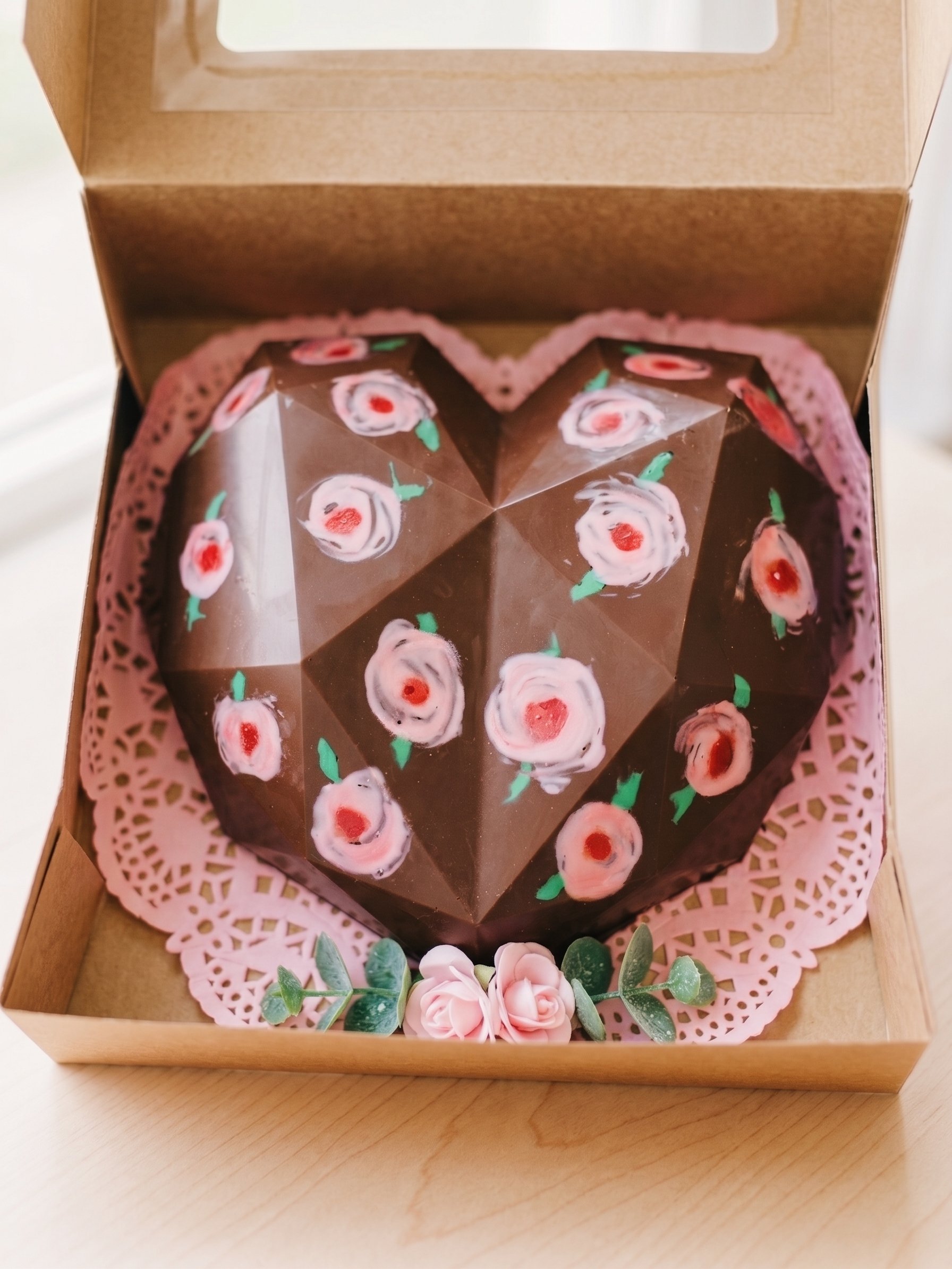 Large chocolate heart hand-painted with pink roses
