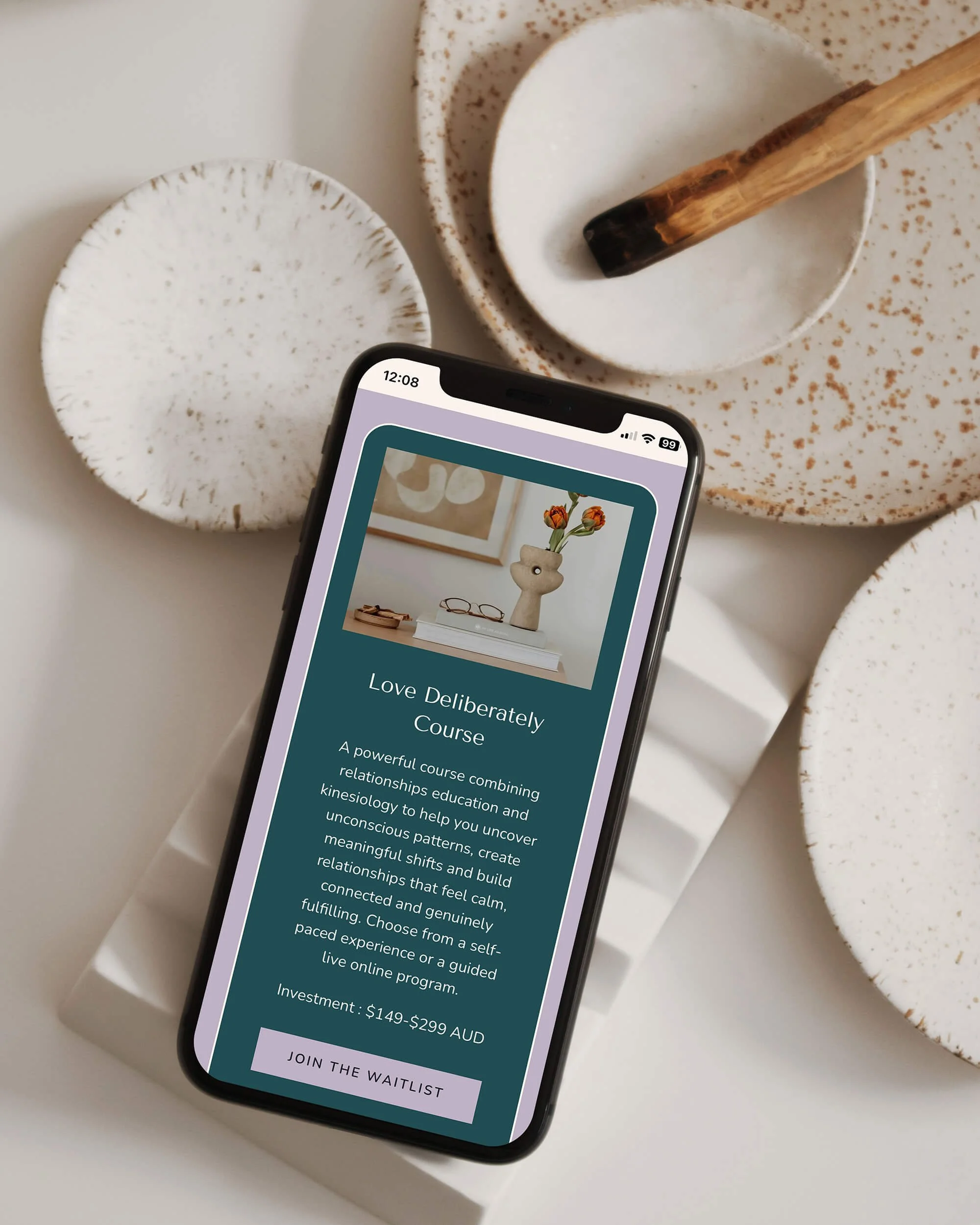 iPhone mockup of a teal Squarespace course page for a relationship coaching program