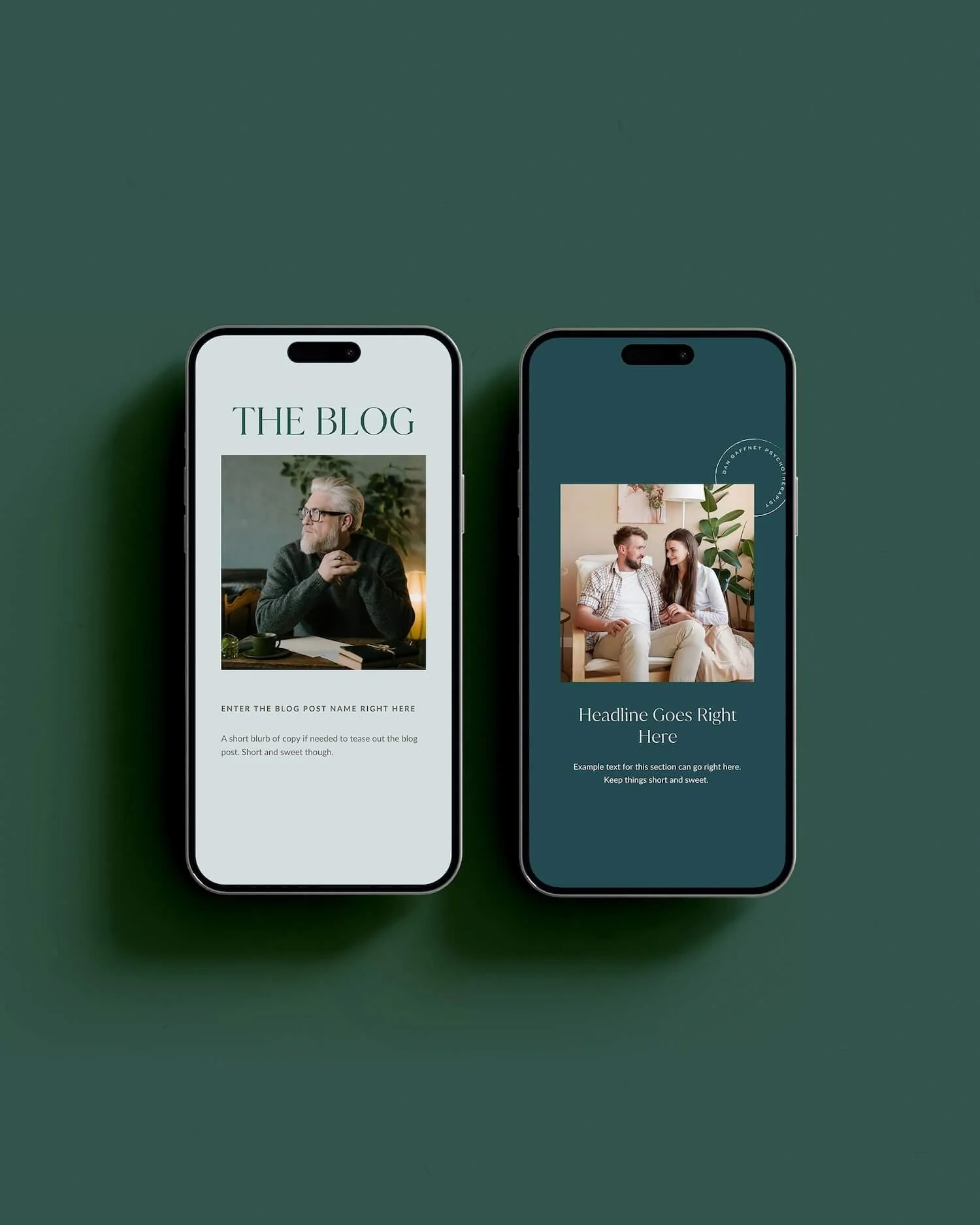 Social media graphic templates designed for psychotherapist Dan Gaffney, showing mobile mockups in the brand's foam and dark sea colour palette – part of a full brand and Squarespace website design package.