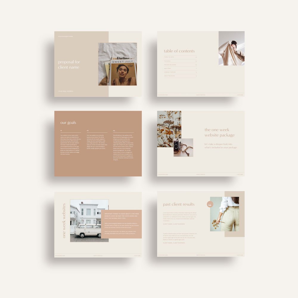 A flat lay displaying pages from inside the website proposal template, created by Alana Jade Studio