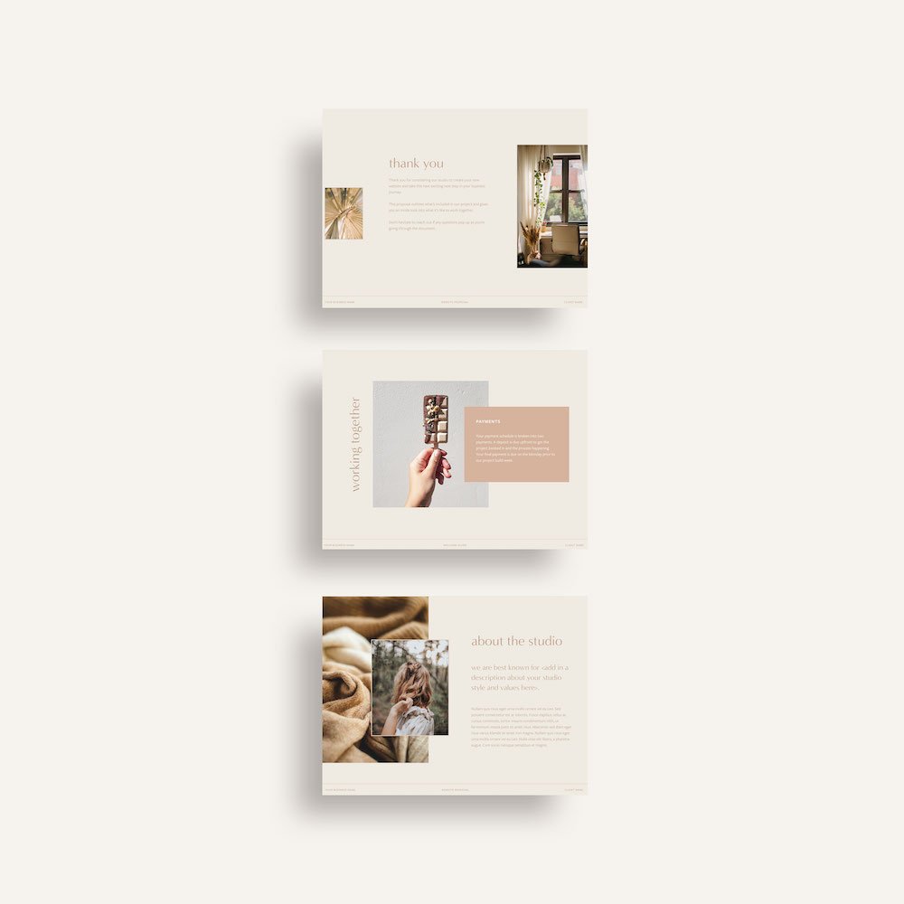 A flat lay displaying pages from inside the website proposal template, created by Alana Jade Studio