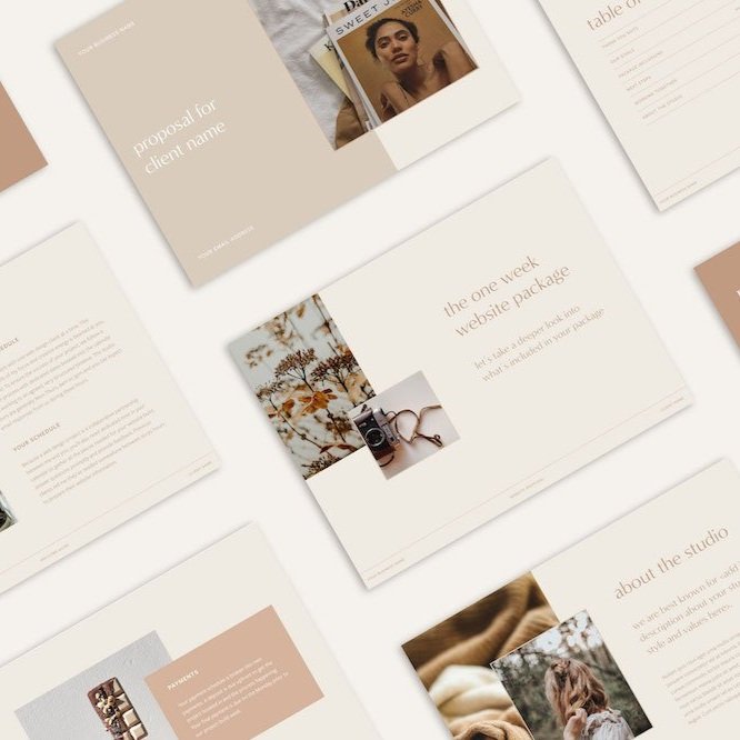 A flat lay displaying pages from inside the website proposal template, created by Alana Jade Studio