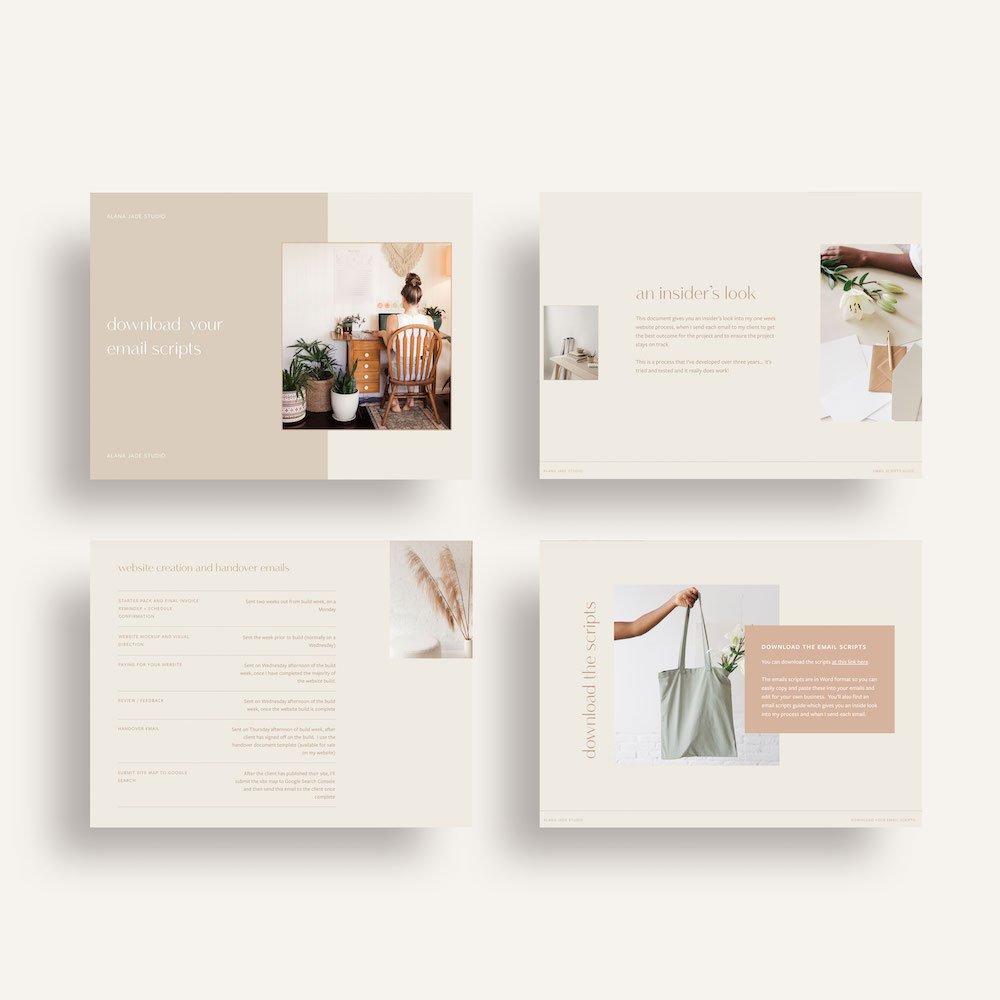 A flat lay displaying pages from inside the website project schedule and email scripts, created by Alana Jade Studio