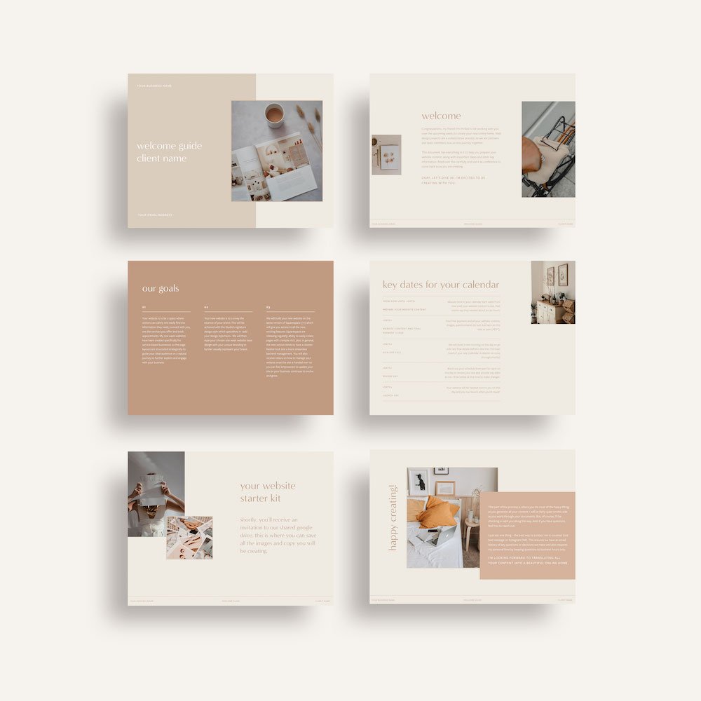 A flat lay displaying pages from inside the website welcome guide template, created by Alana Jade Studio