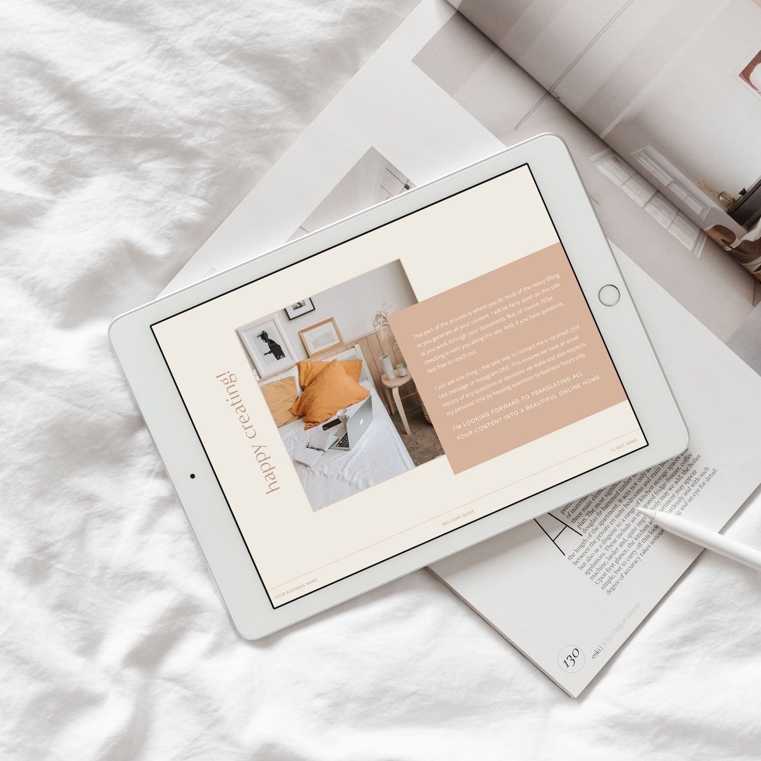 A iPad displaying a page from inside the website welcome guide template, created by Alana Jade Studio