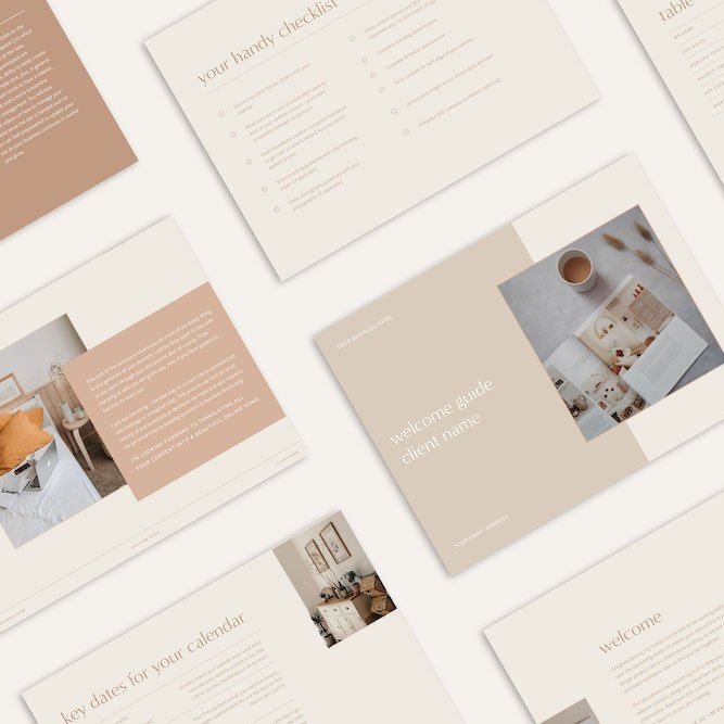 A flat lay displaying pages from inside the website welcome guide template, created by Alana Jade Studio
