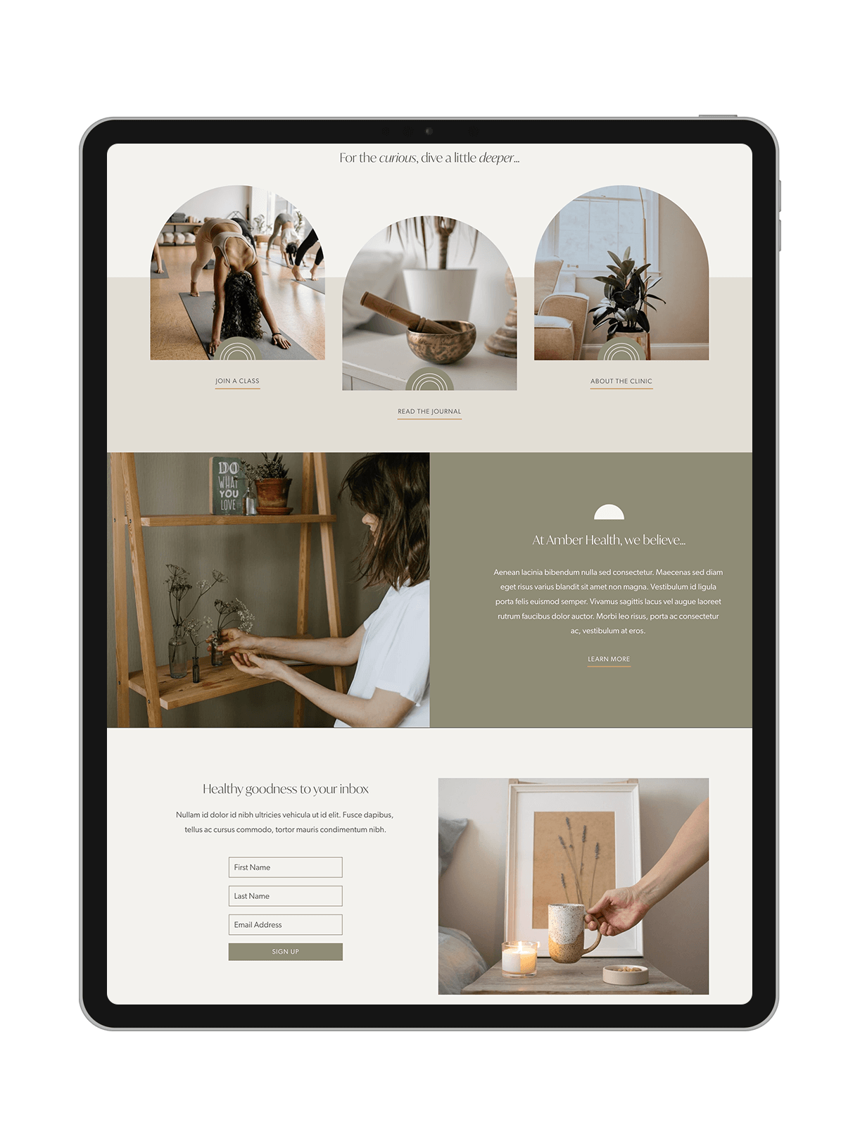 A flat lay of an iPad displaying the pages on the Amber one-week website Squarespace design made by Alana Jade Studio for health and wellness businesses