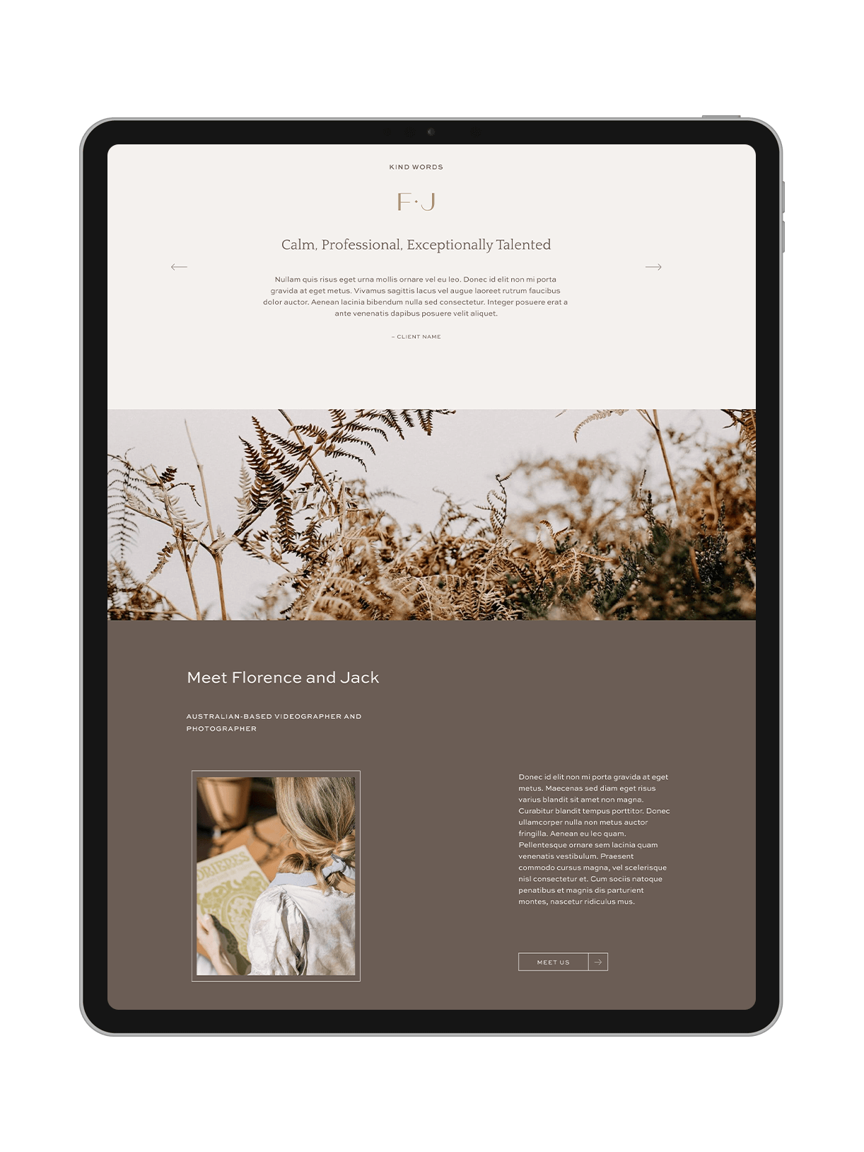 A flat lay of an iPad displaying the pages on the Elle one-week website Squarespace design made by Alana Jade Studio for photographers