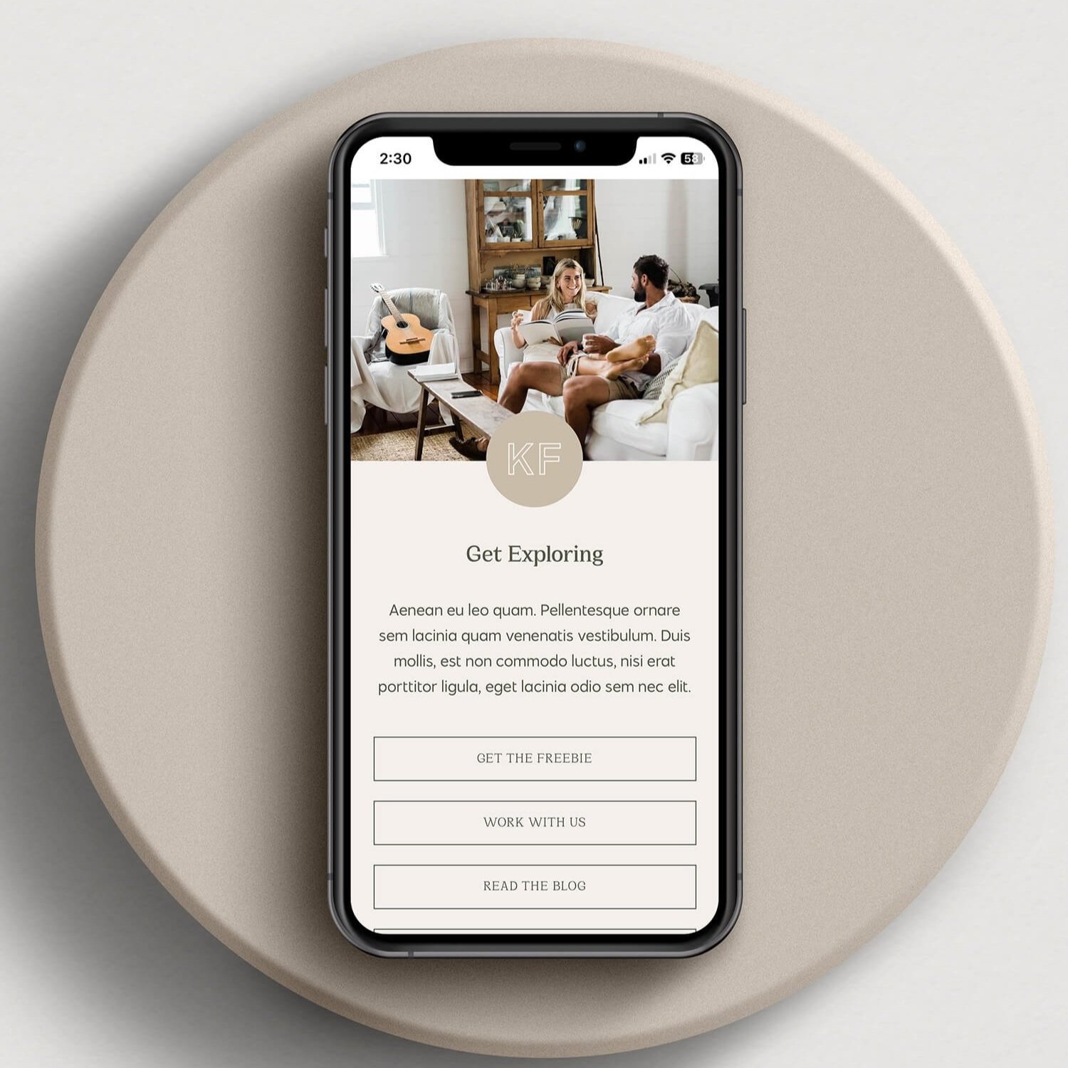 A mobile phone displays the Instagram link-in-bio page from the Earth Squarespace website made for eco-conscious business, created by Alana Jade Studio