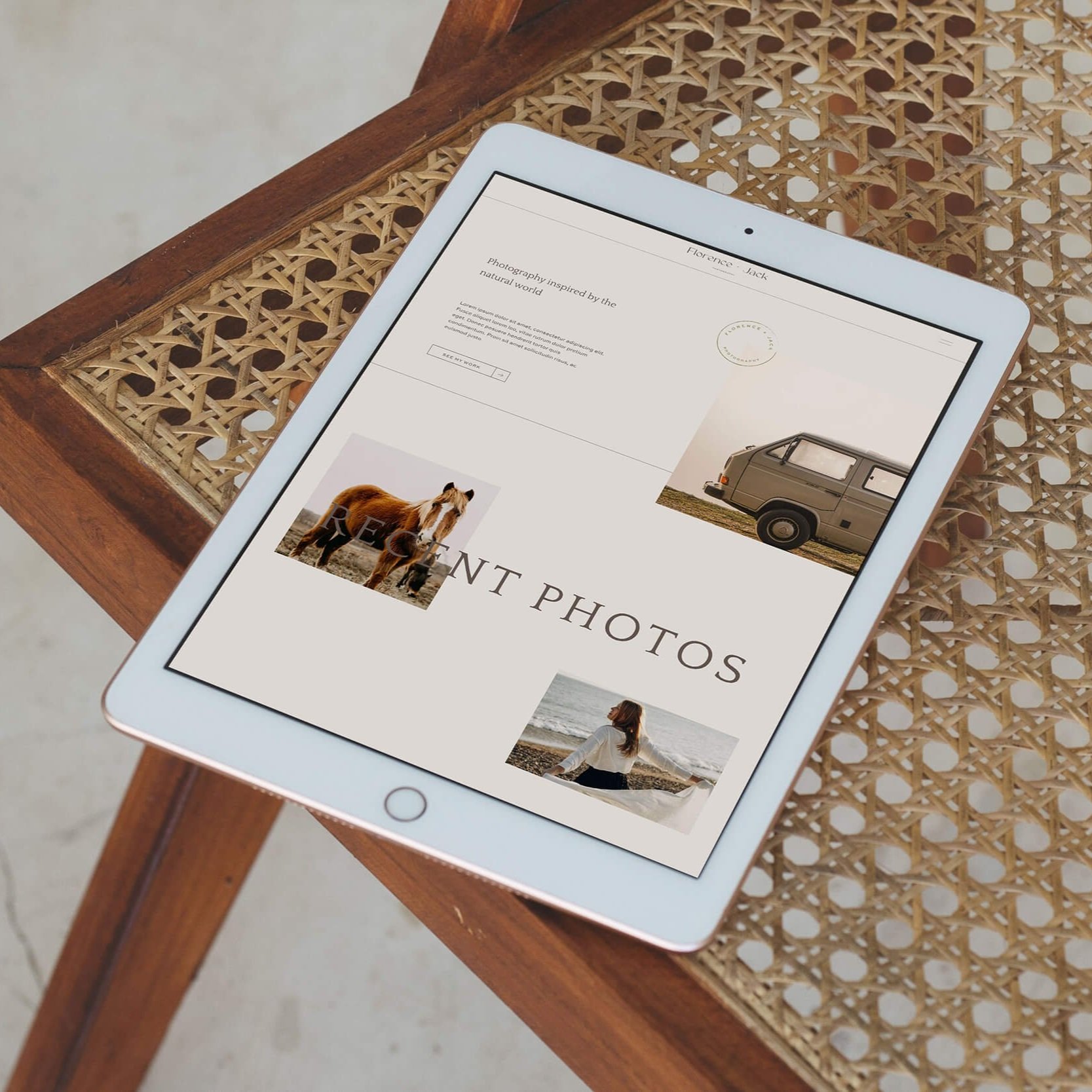 An iPad displays the home page of the Elle Squarespace website made for photographers, created by Alana Jade Studio